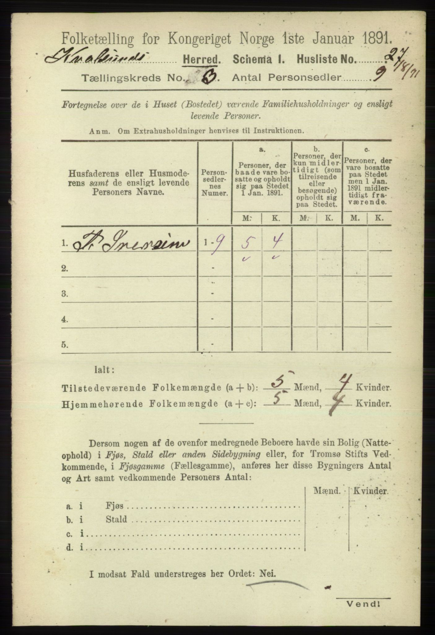 RA, Folketelling 1891 for 2017 Kvalsund herred, 1891, s. 28