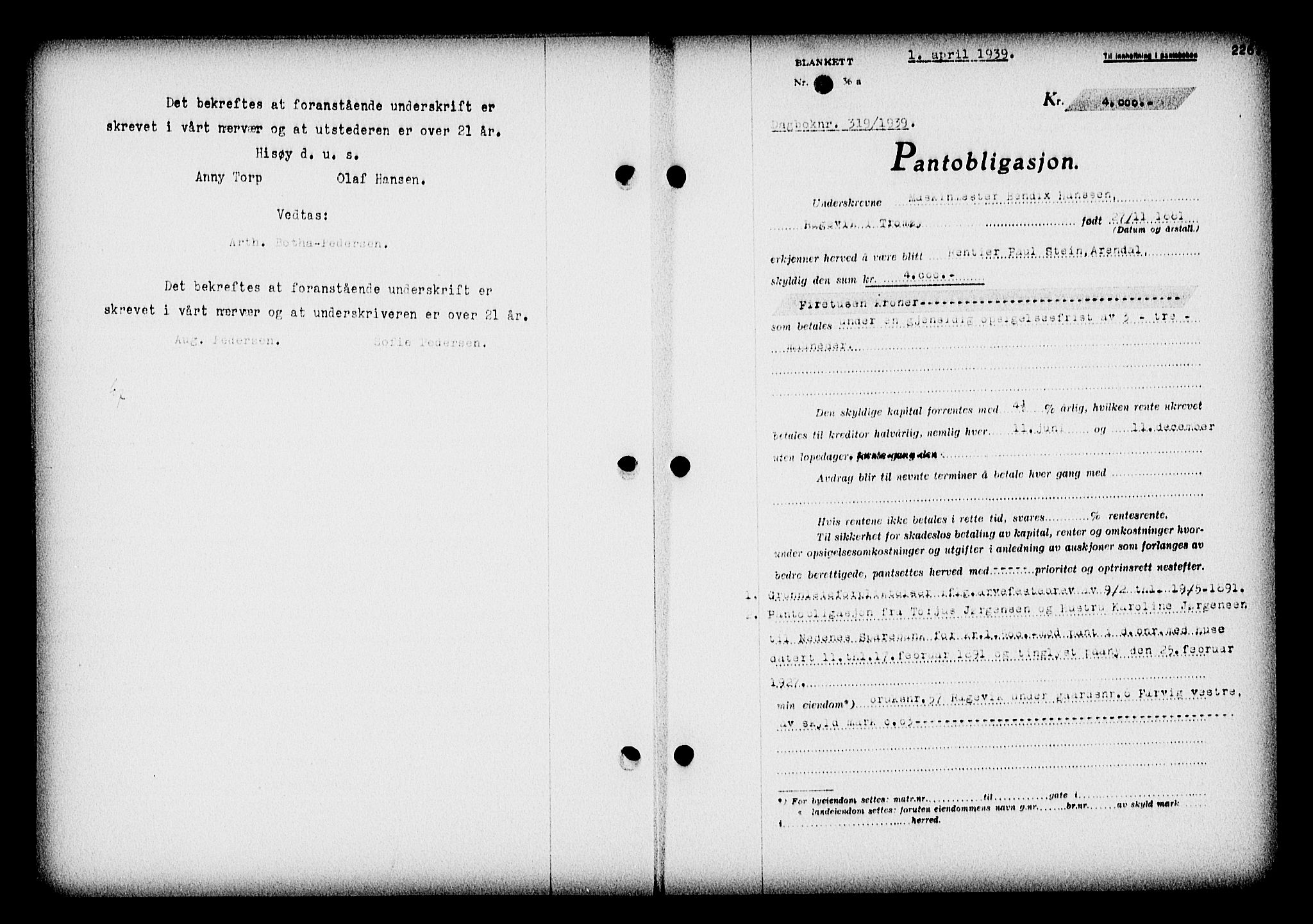 Nedenes sorenskriveri, SAK/1221-0006/G/Gb/Gba/L0046: Pantebok nr. 42, 1938-1939, Dagboknr: 319/1939