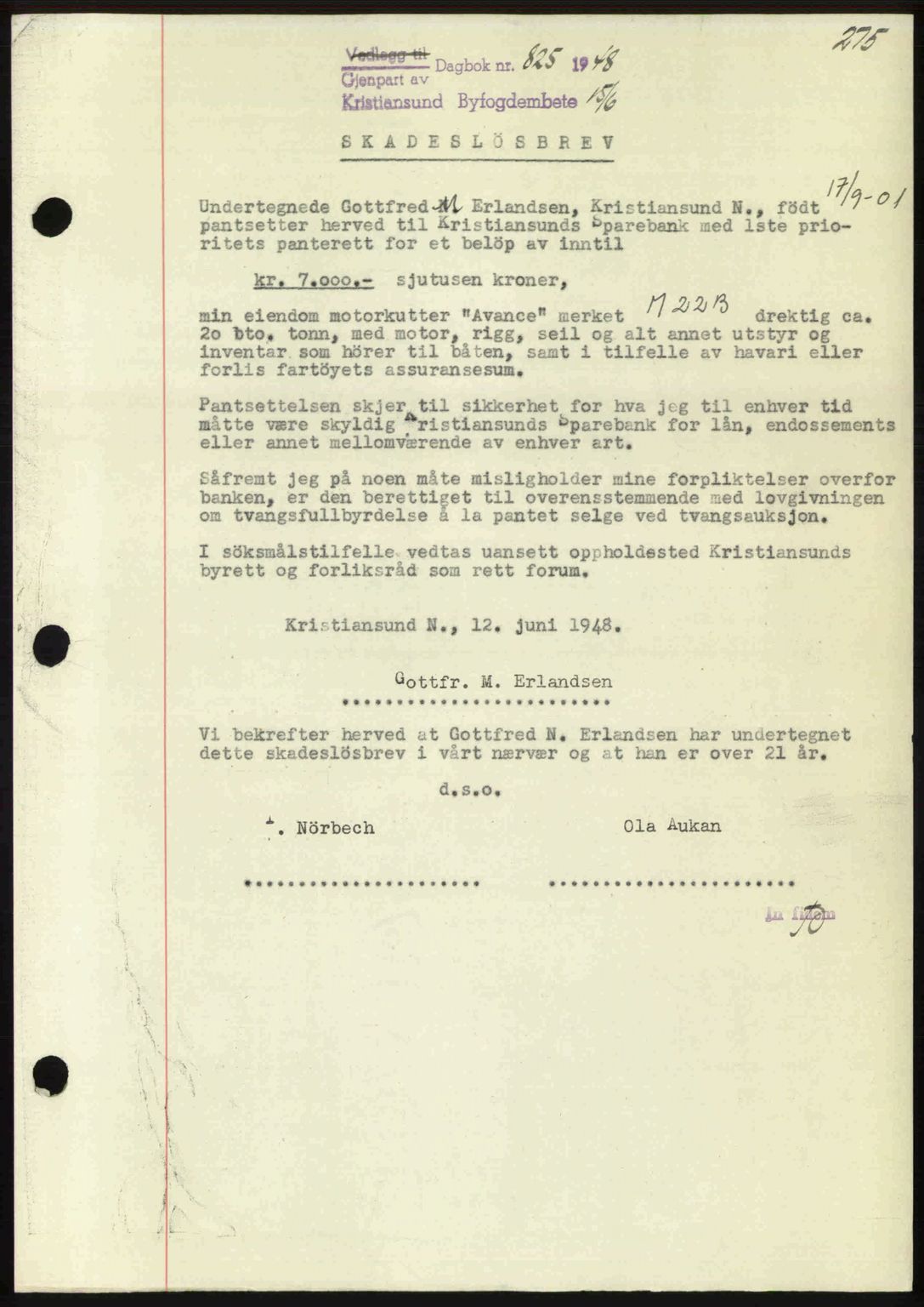 Kristiansund byfogd, AV/SAT-A-4587/A/27: Pantebok nr. 44, 1947-1948, Dagboknr: 825/1948