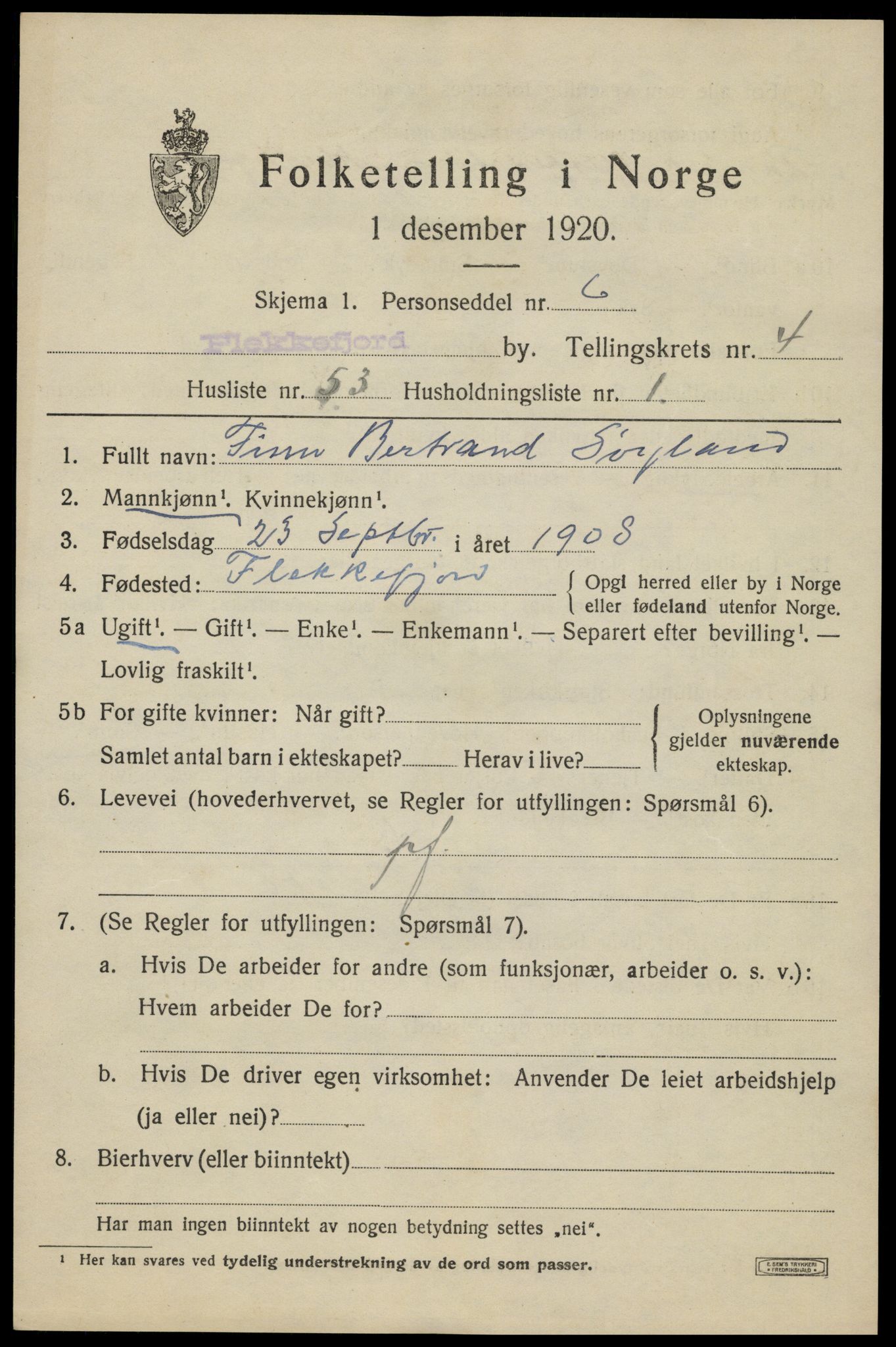 SAK, Folketelling 1920 for 1004 Flekkefjord kjøpstad, 1920, s. 5108