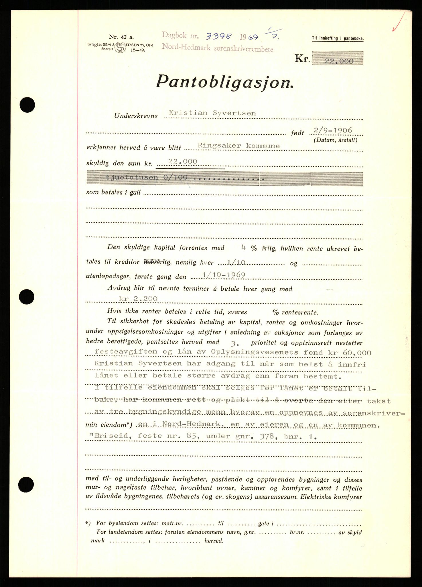 Nord-Hedmark sorenskriveri, SAH/TING-012/H/Hb/Hbf/L0080: Pantebok nr. B80, 1969-1969, Dagboknr: 3398/1969