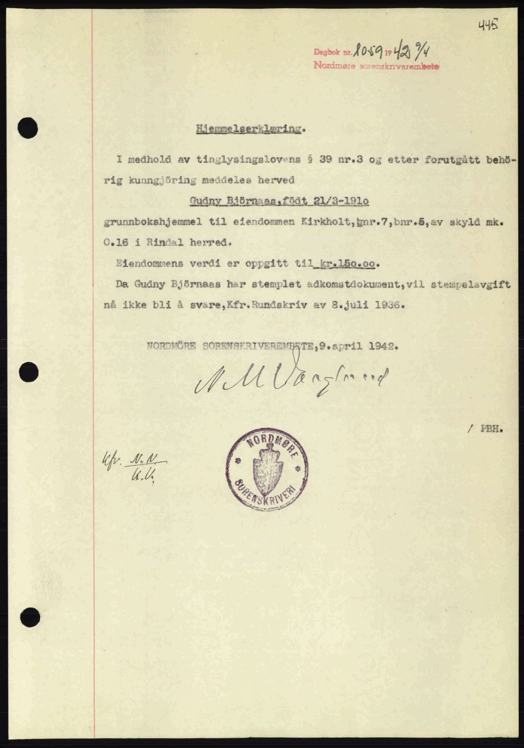 Nordmøre sorenskriveri, SAT/A-4132/1/2/2Ca: Pantebok nr. A92, 1942-1942, Dagboknr: 1059/1942