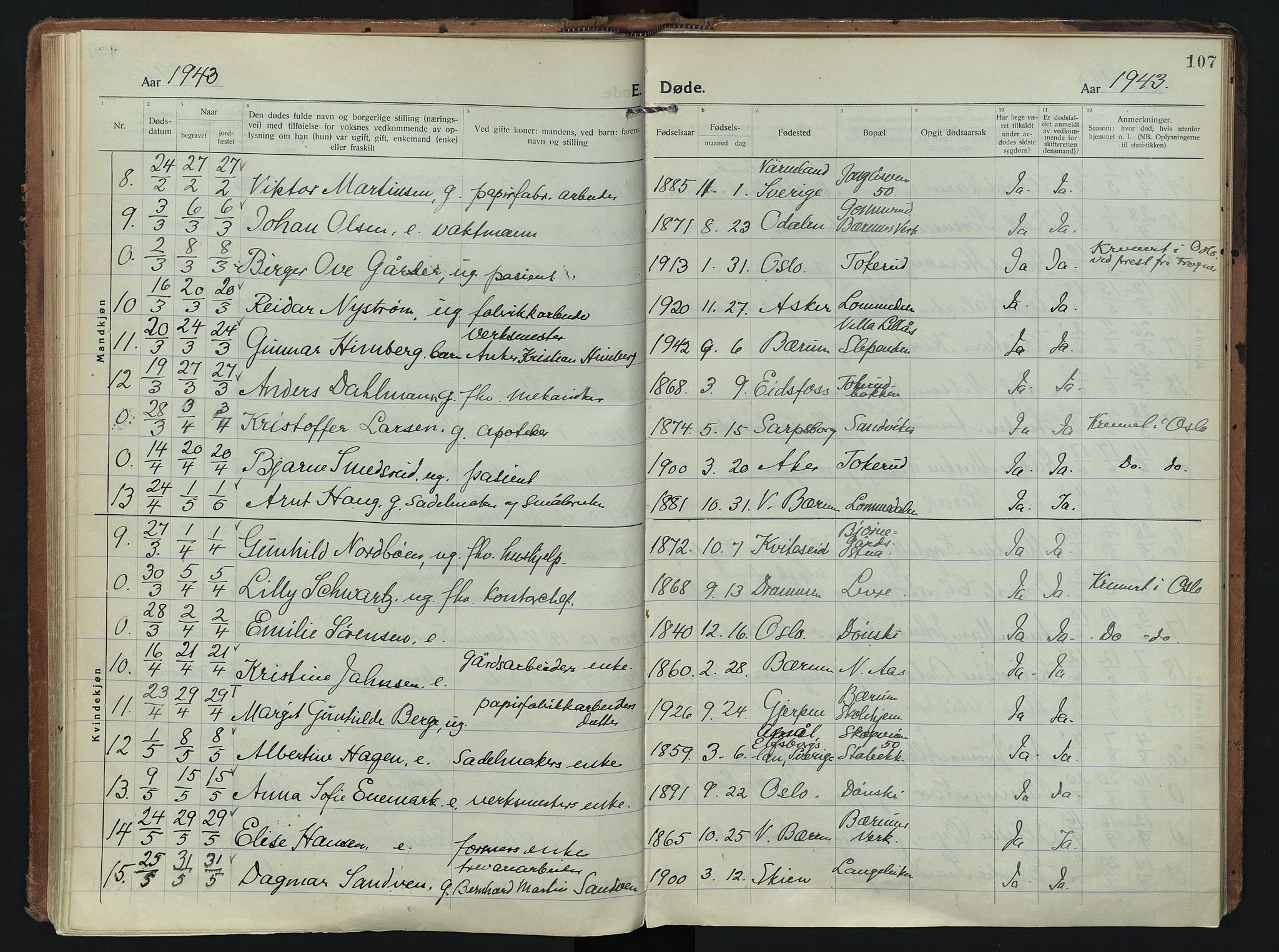 Vestre Bærum prestekontor Kirkebøker, AV/SAO-A-10209a/F/Fa/L0005: Ministerialbok nr. 5, 1922-1962, s. 107
