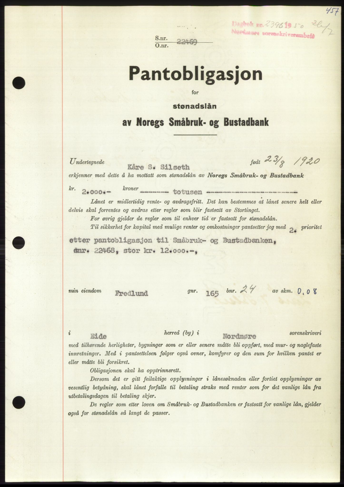 Nordmøre sorenskriveri, AV/SAT-A-4132/1/2/2Ca: Pantebok nr. B105, 1950-1950, Dagboknr: 2395/1950