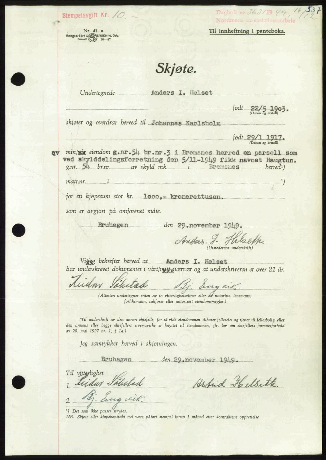 Nordmøre sorenskriveri, AV/SAT-A-4132/1/2/2Ca: Pantebok nr. A113, 1949-1950, Dagboknr: 3631/1949