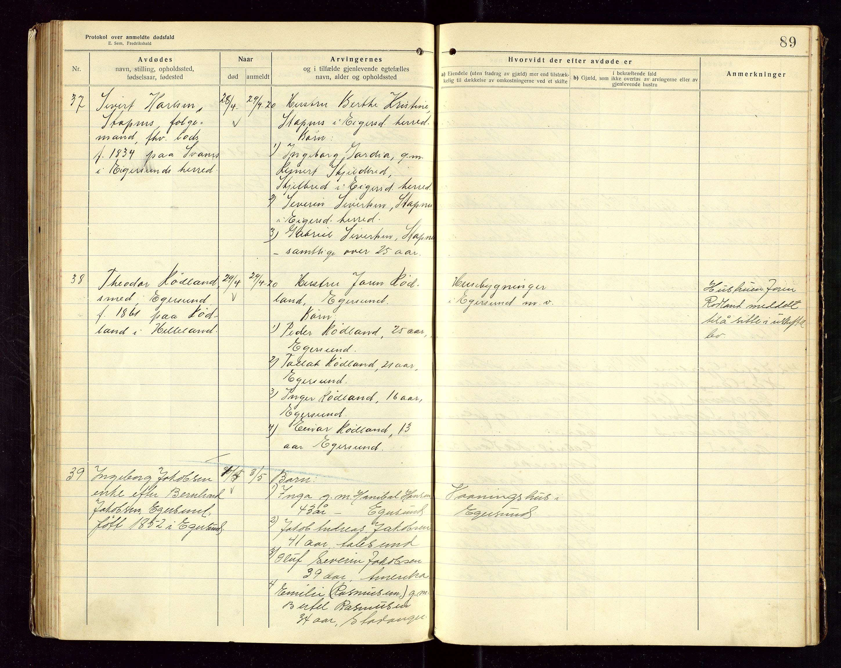 Eigersund lensmannskontor, AV/SAST-A-100171/Gga/L0007: "Protokol over anmeldte dødsfald" m/alfabetisk navneregister, 1917-1920, s. 89