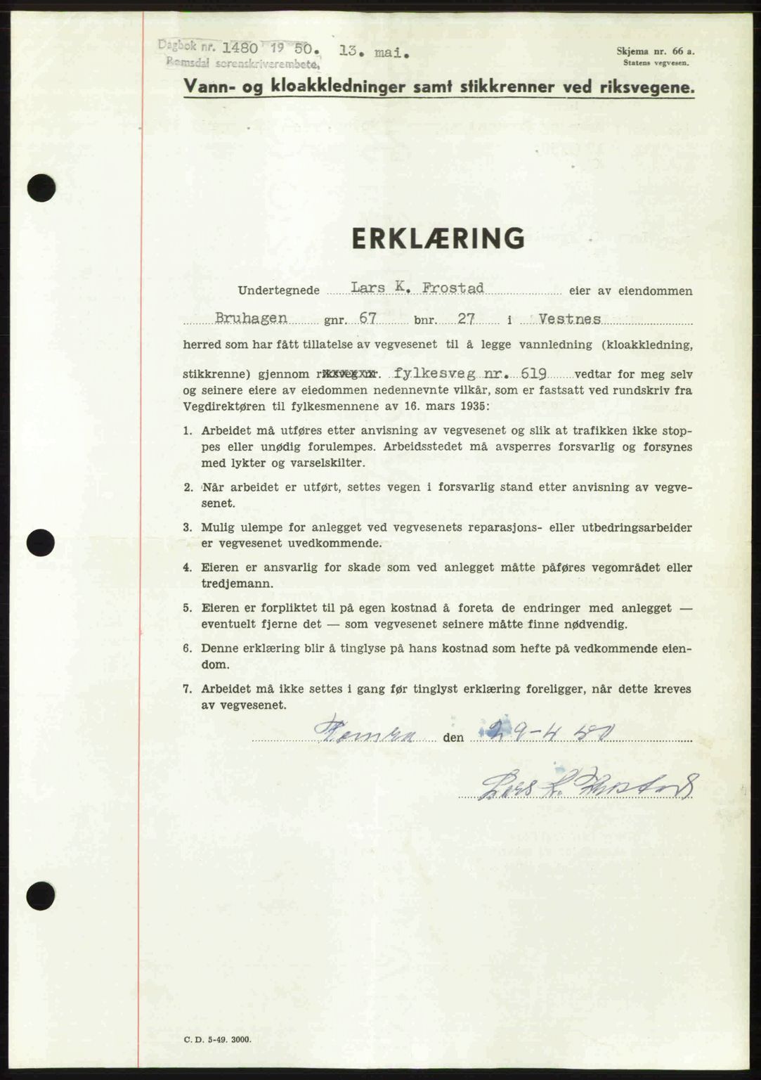Romsdal sorenskriveri, SAT/A-4149/1/2/2C: Pantebok nr. A33, 1950-1950, Dagboknr: 1480/1950