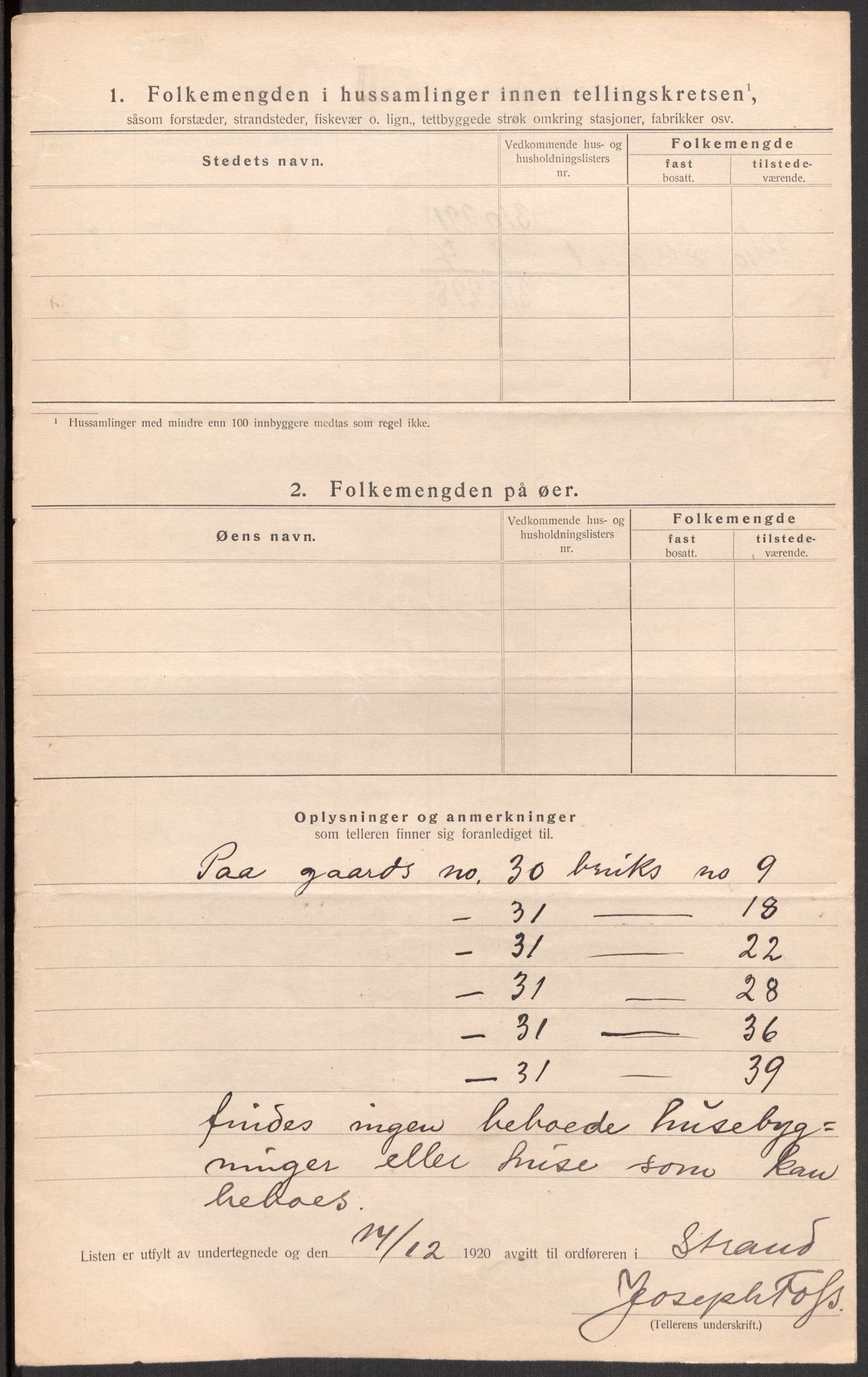 SAST, Folketelling 1920 for 1130 Strand herred, 1920, s. 20