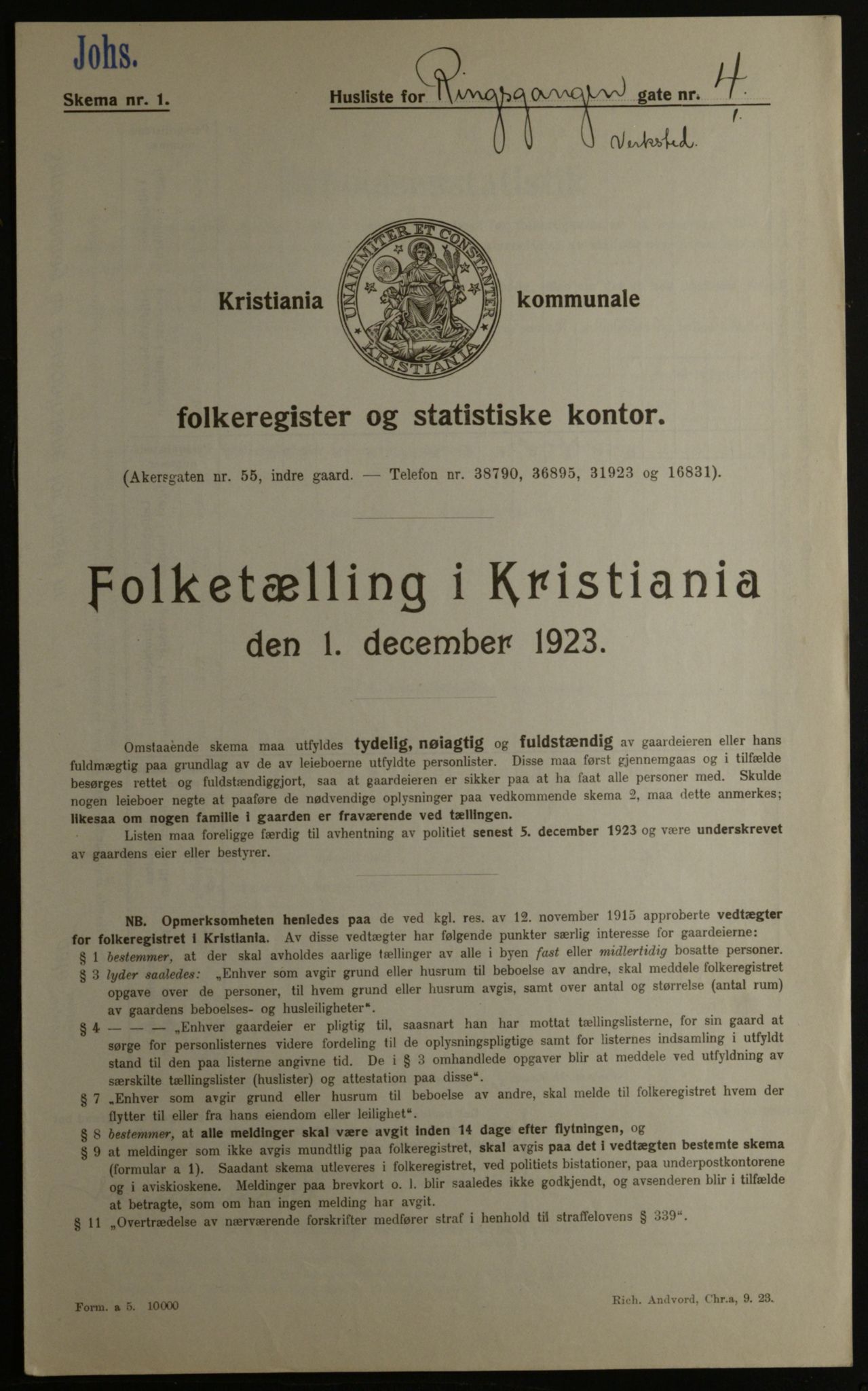 OBA, Kommunal folketelling 1.12.1923 for Kristiania, 1923, s. 91877