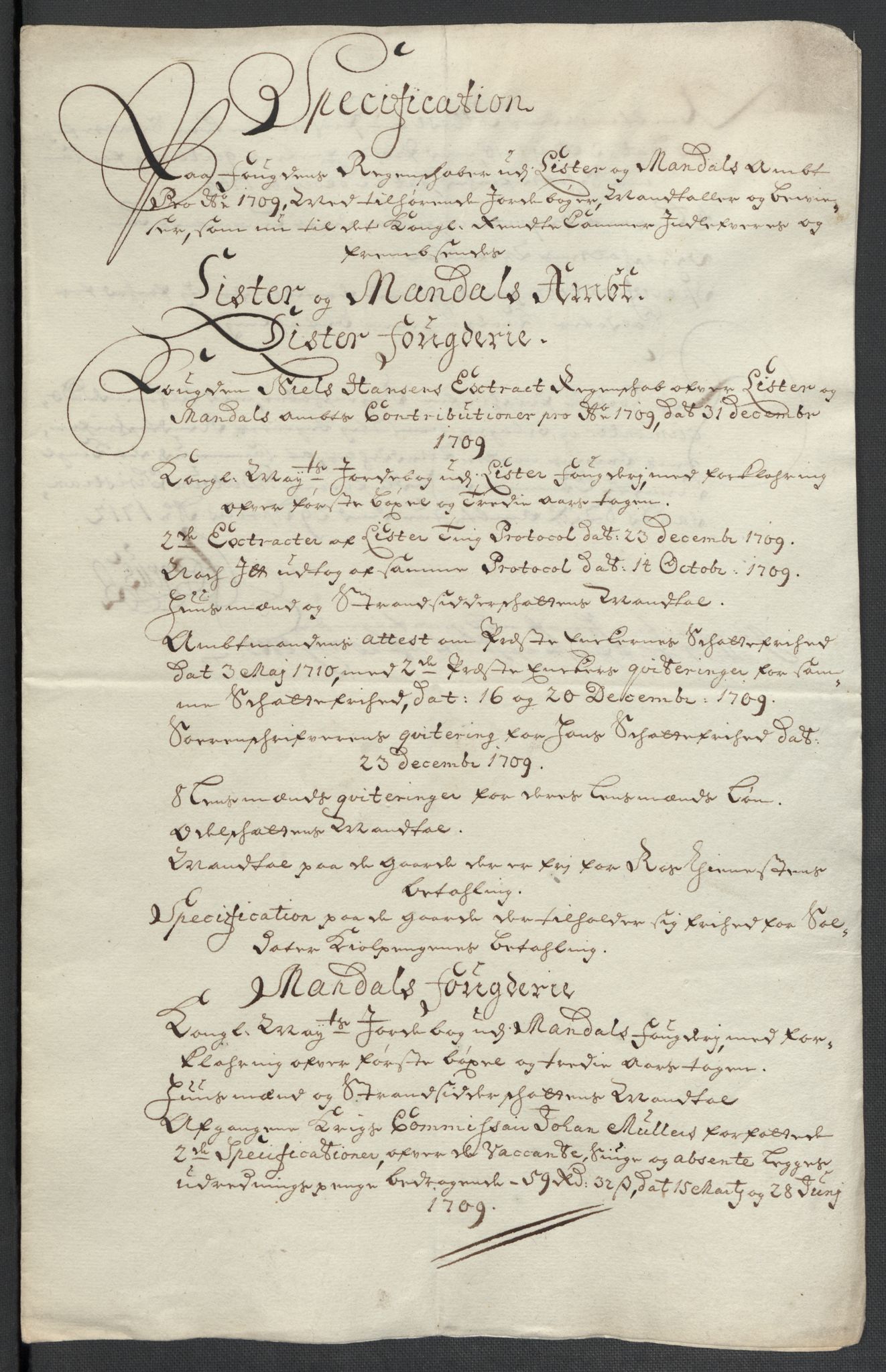 Rentekammeret inntil 1814, Reviderte regnskaper, Fogderegnskap, RA/EA-4092/R43/L2552: Fogderegnskap Lista og Mandal, 1705-1709, s. 348