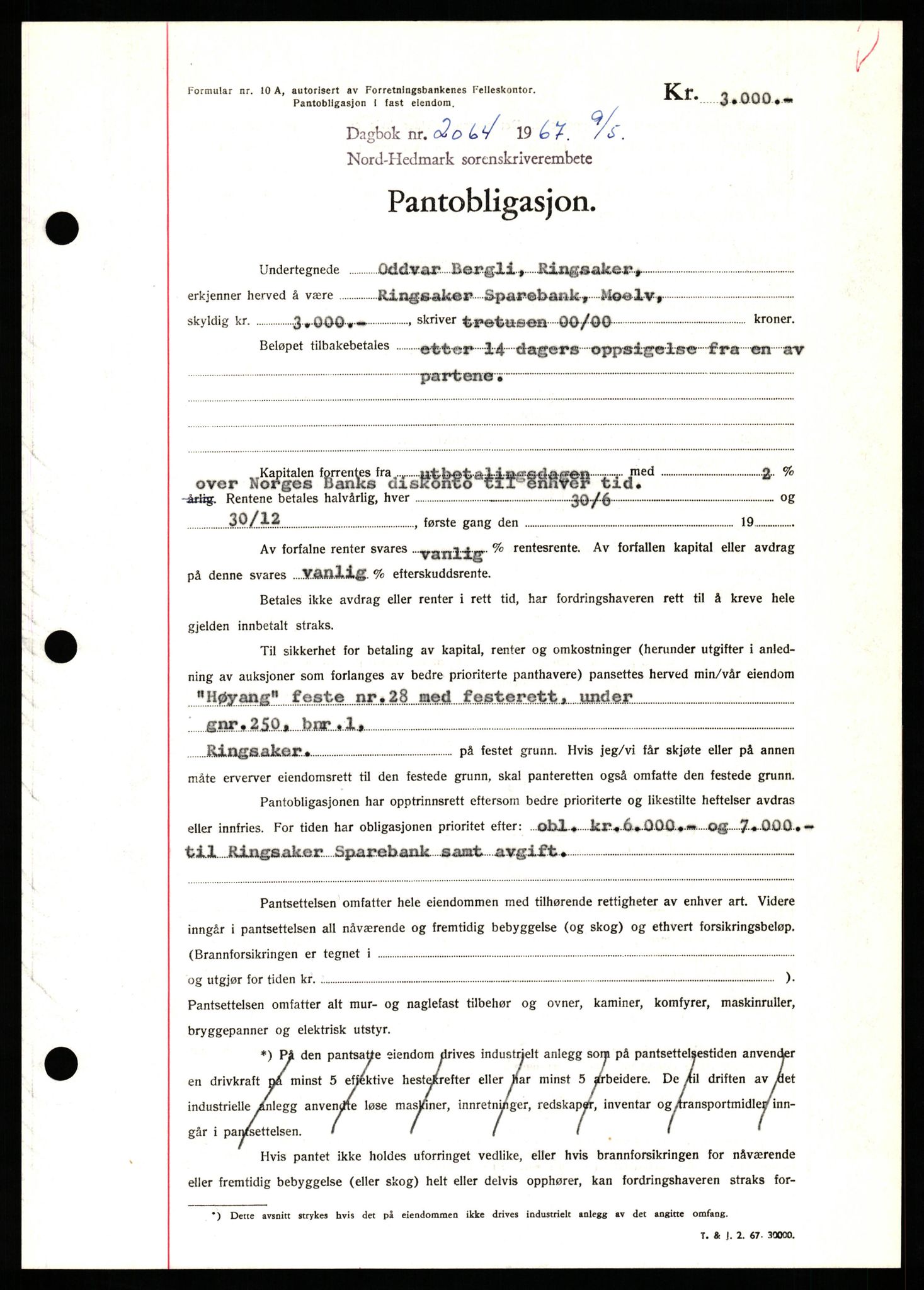 Nord-Hedmark sorenskriveri, SAH/TING-012/H/Hb/Hbf/L0071: Pantebok nr. B71, 1967-1967, Dagboknr: 2064/1967