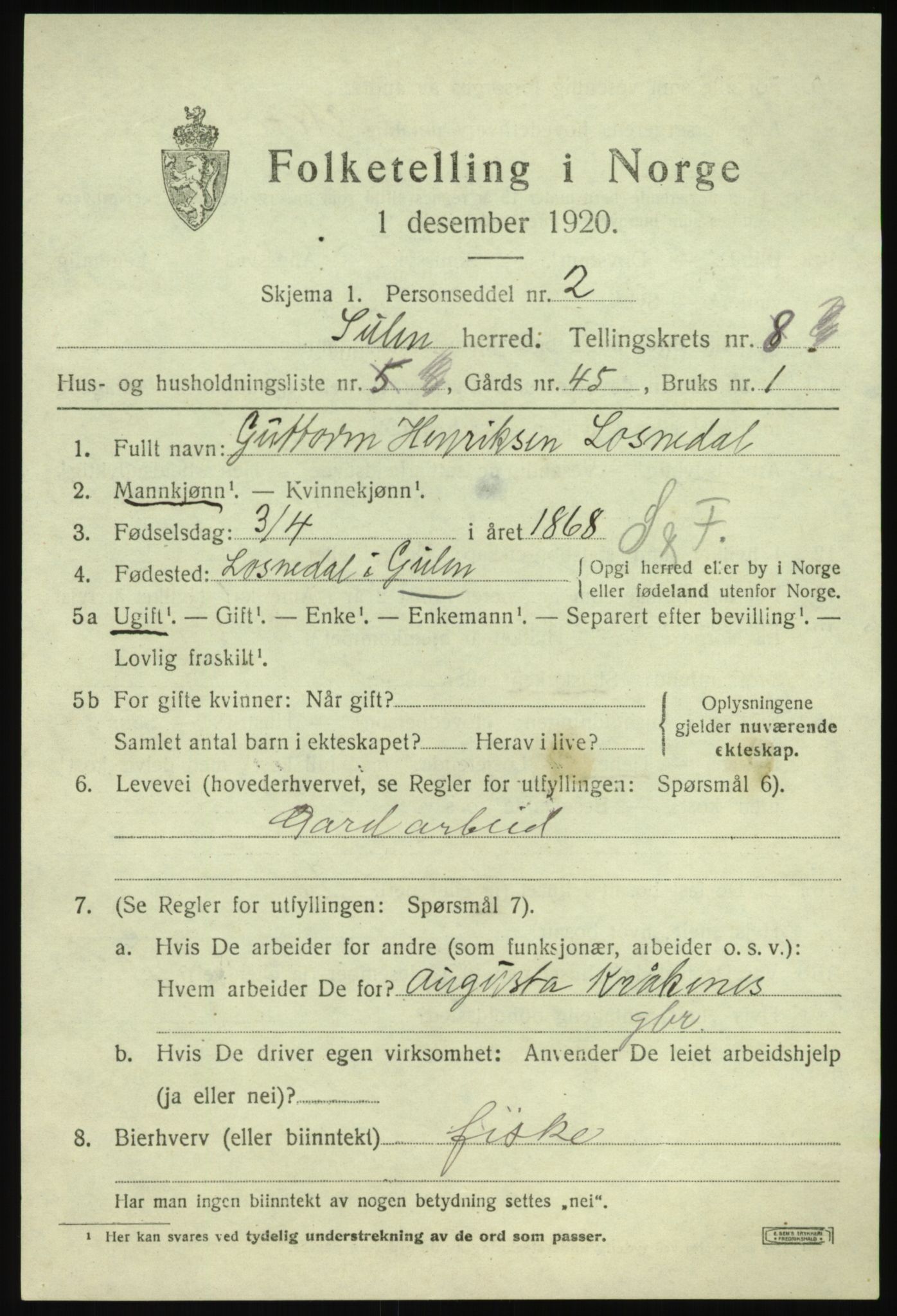 SAB, Folketelling 1920 for 1412 Solund herred, 1920, s. 3192