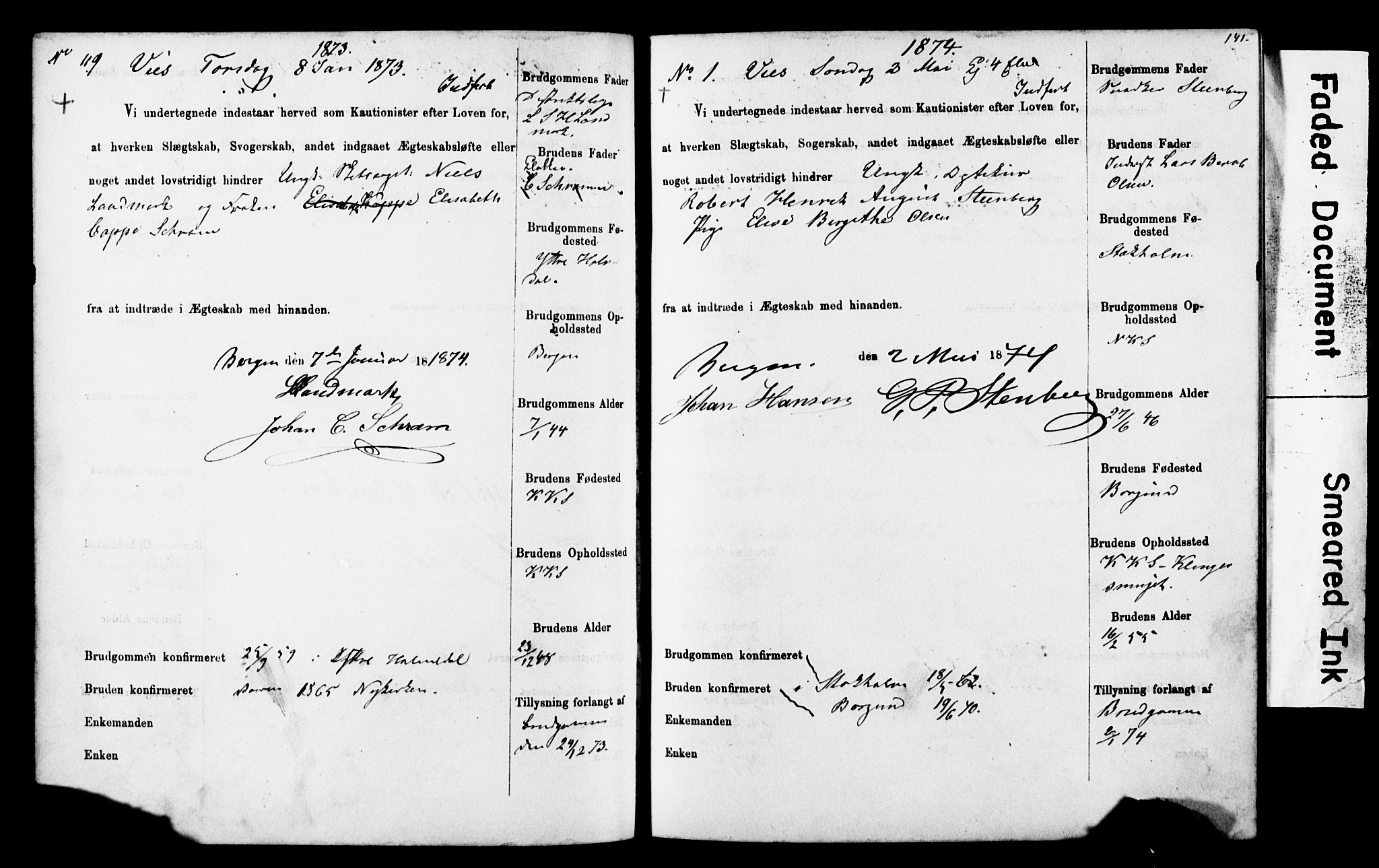 Korskirken sokneprestembete, SAB/A-76101: Forlovererklæringer nr. II.5.4, 1871-1878, s. 141