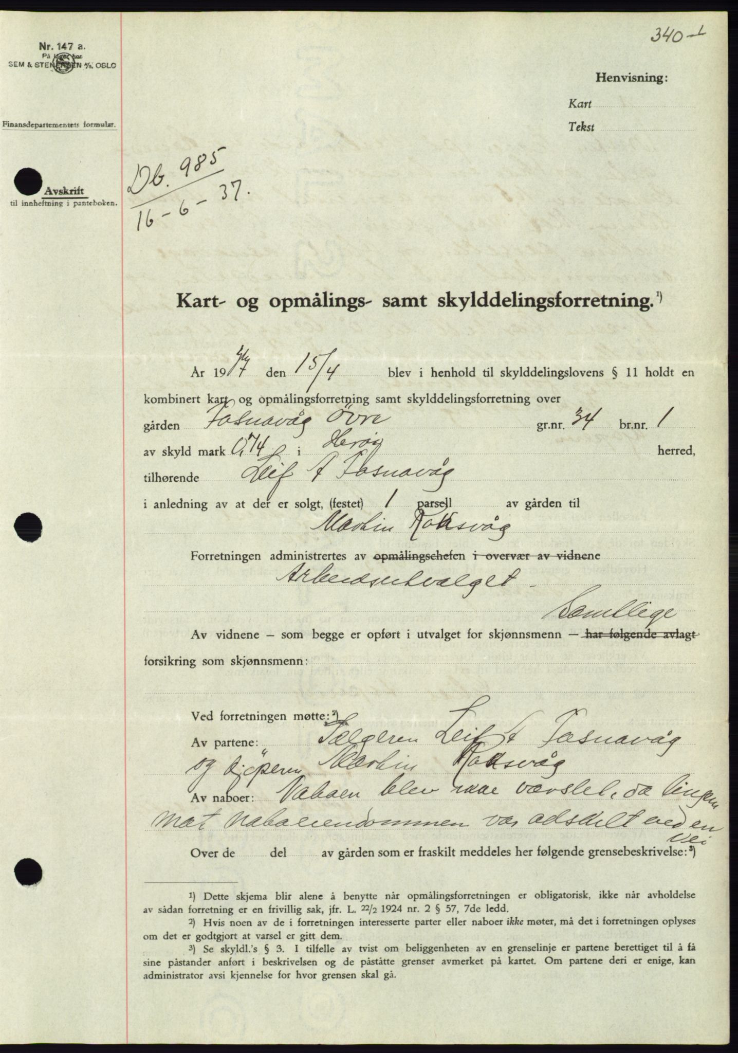 Søre Sunnmøre sorenskriveri, SAT/A-4122/1/2/2C/L0063: Pantebok nr. 57, 1937-1937, Dagboknr: 985/1937