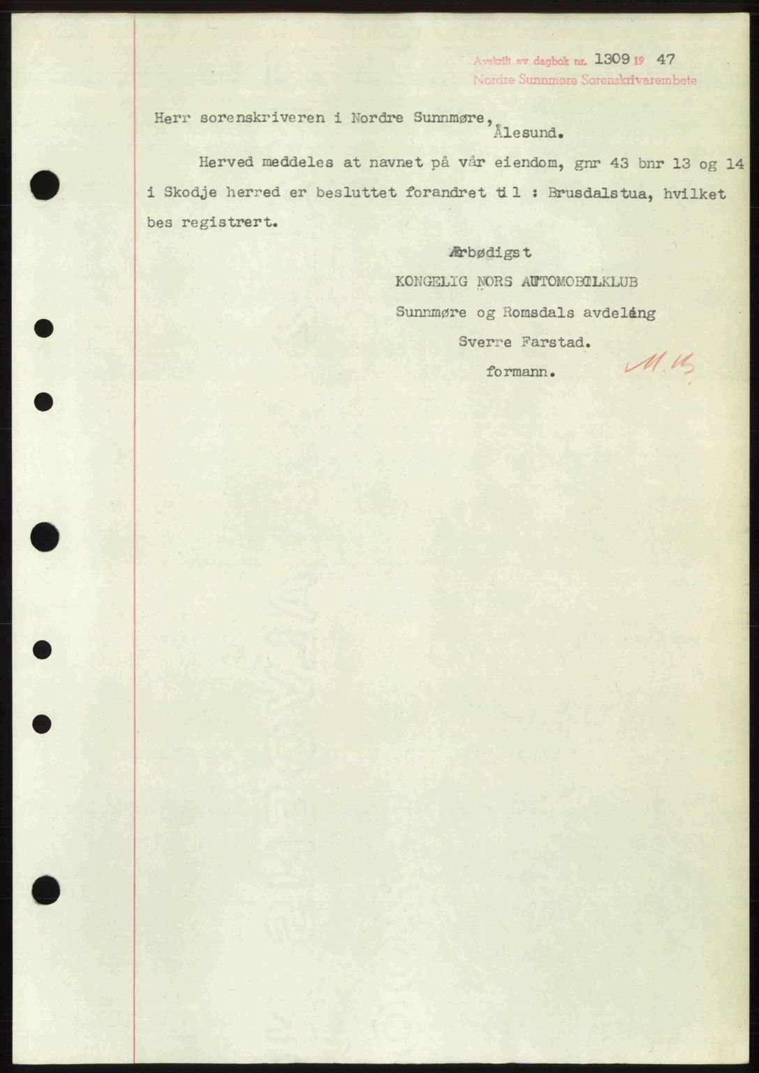 Nordre Sunnmøre sorenskriveri, AV/SAT-A-0006/1/2/2C/2Ca: Pantebok nr. A25, 1947-1947, Dagboknr: 1309/1947