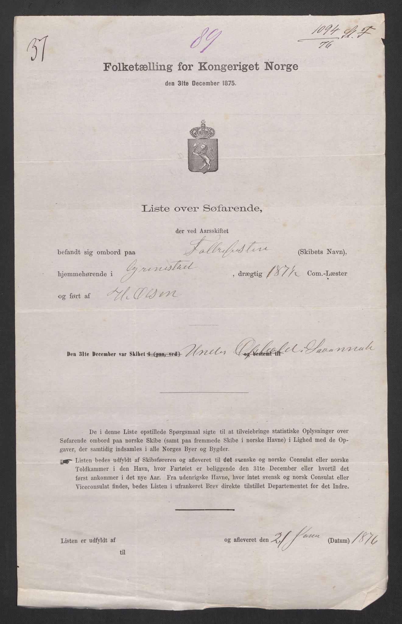 RA, Folketelling 1875, skipslister: Skip i utenrikske havner, hjemmehørende i 1) byer og ladesteder, Grimstad - Tromsø, 2) landdistrikter, 1875, s. 178