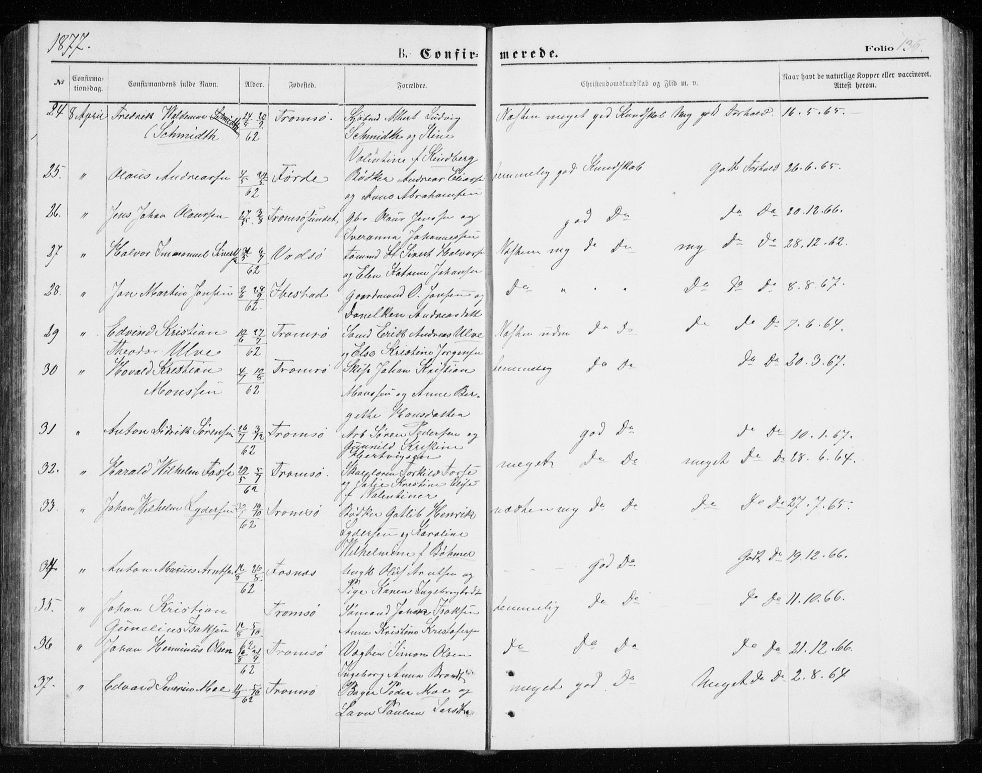 Tromsø sokneprestkontor/stiftsprosti/domprosti, AV/SATØ-S-1343/G/Gb/L0008klokker: Klokkerbok nr. 8, 1875-1879, s. 136