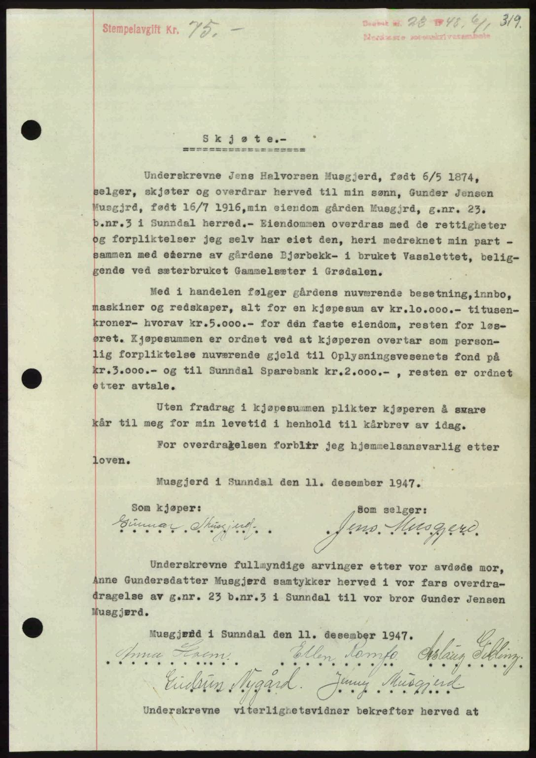 Nordmøre sorenskriveri, SAT/A-4132/1/2/2Ca: Pantebok nr. A107, 1947-1948, Dagboknr: 23/1948