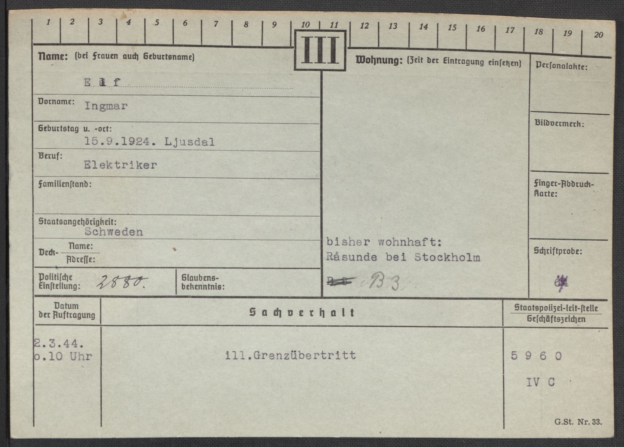 Befehlshaber der Sicherheitspolizei und des SD, AV/RA-RAFA-5969/E/Ea/Eaa/L0002: Register over norske fanger i Møllergata 19: Bj-Eng, 1940-1945, s. 1291