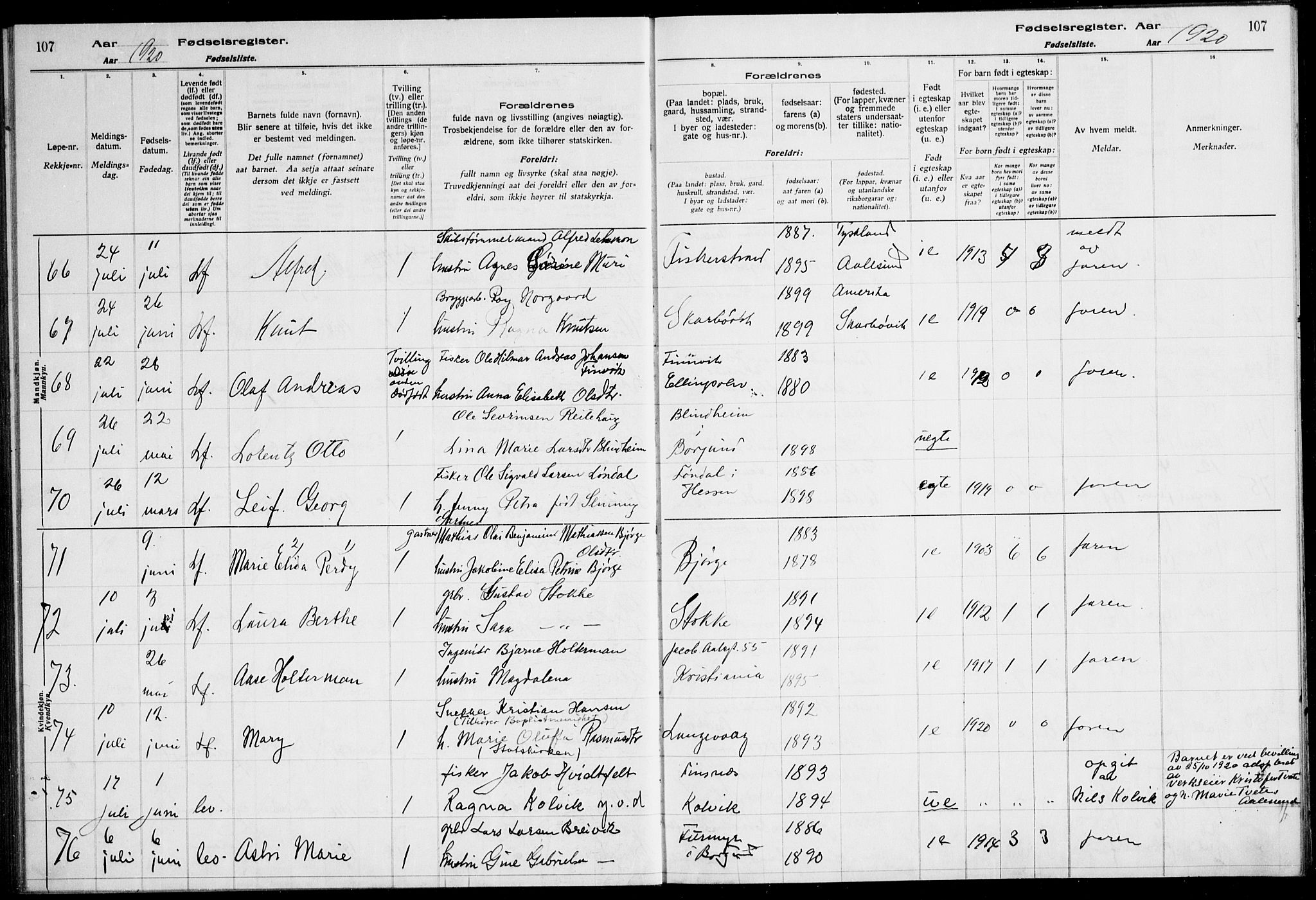 Ministerialprotokoller, klokkerbøker og fødselsregistre - Møre og Romsdal, AV/SAT-A-1454/528/L0442: Fødselsregister nr. 528.II.4.1, 1916-1924, s. 107