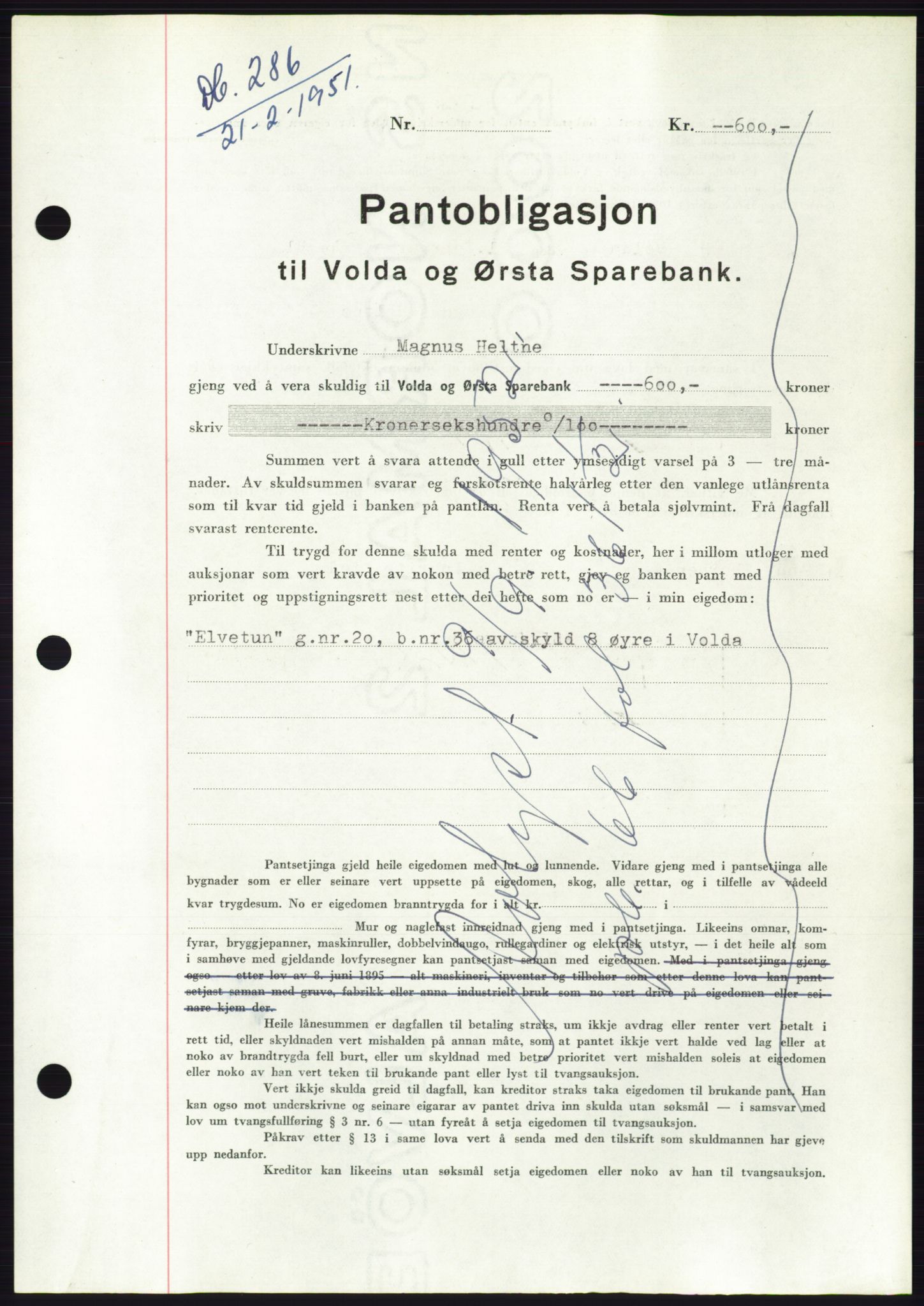 Søre Sunnmøre sorenskriveri, AV/SAT-A-4122/1/2/2C/L0119: Pantebok nr. 7B, 1950-1951, Dagboknr: 286/1951