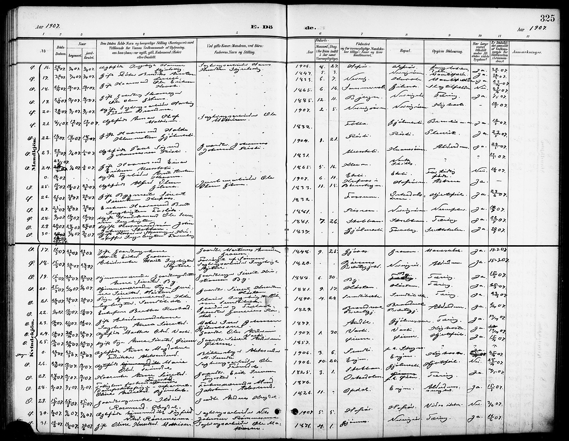 Ministerialprotokoller, klokkerbøker og fødselsregistre - Sør-Trøndelag, SAT/A-1456/668/L0819: Klokkerbok nr. 668C08, 1899-1912, s. 325