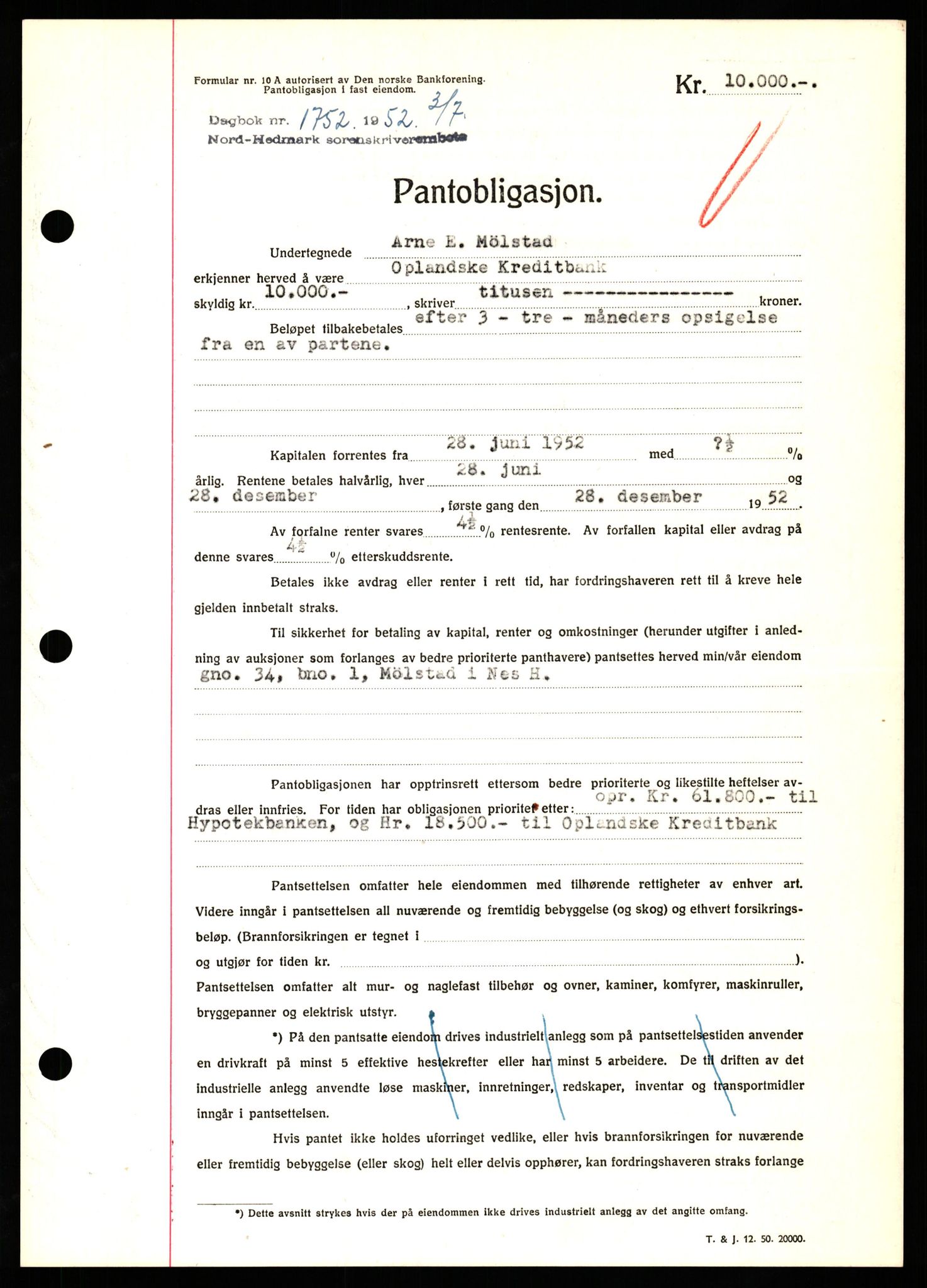 Nord-Hedmark sorenskriveri, SAH/TING-012/H/Hb/Hbf/L0025: Pantebok nr. B25, 1952-1952, Dagboknr: 1752/1952