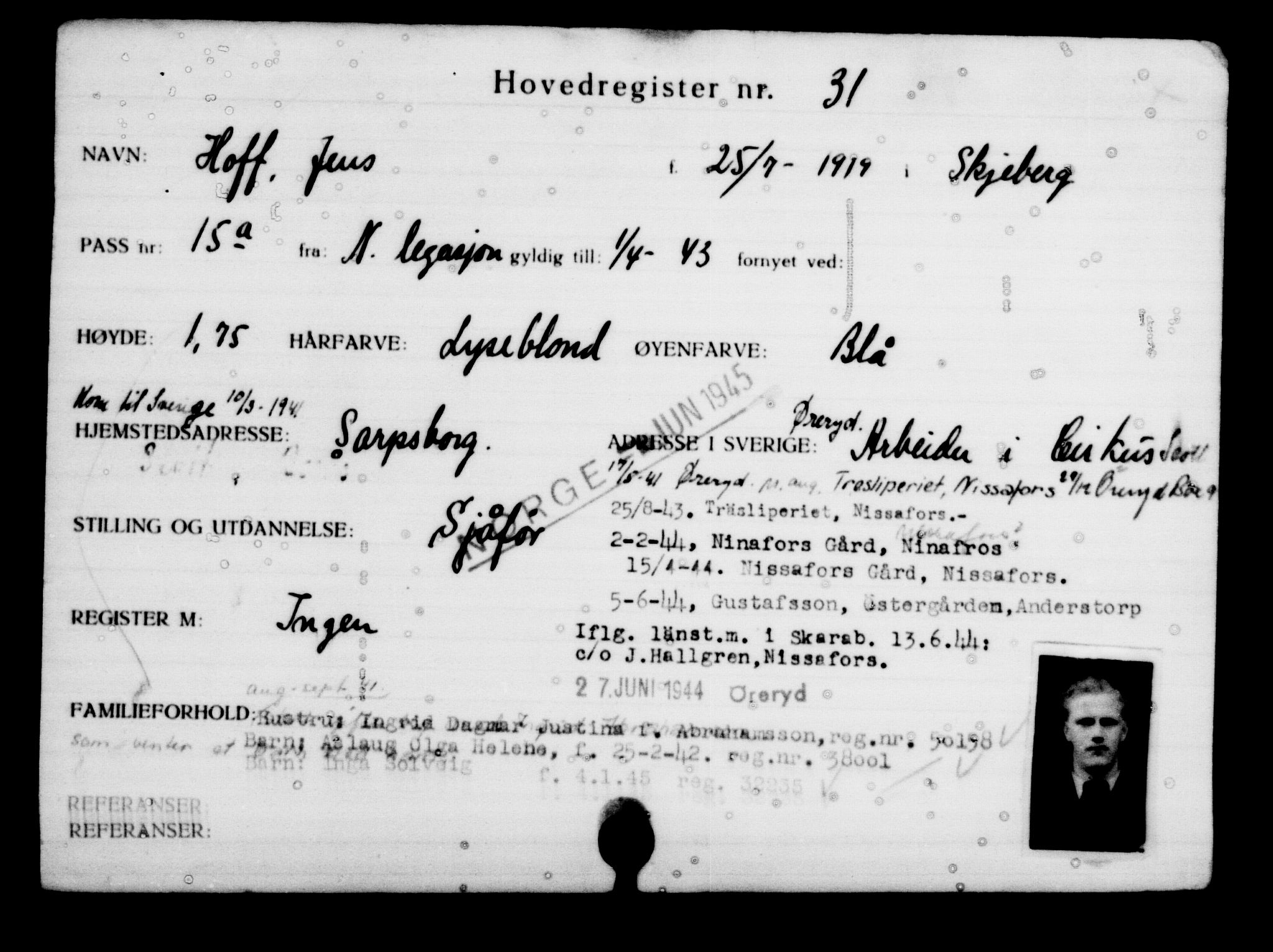 Utenriksstasjonene, Legasjonen i Stockholm, Flyktningkontoret, AV/RA-S-6753/V/Va/L0001: Kjesäterkartoteket, flyktninger med registreringsnr. 1-1000, 1940-1945, s. 50