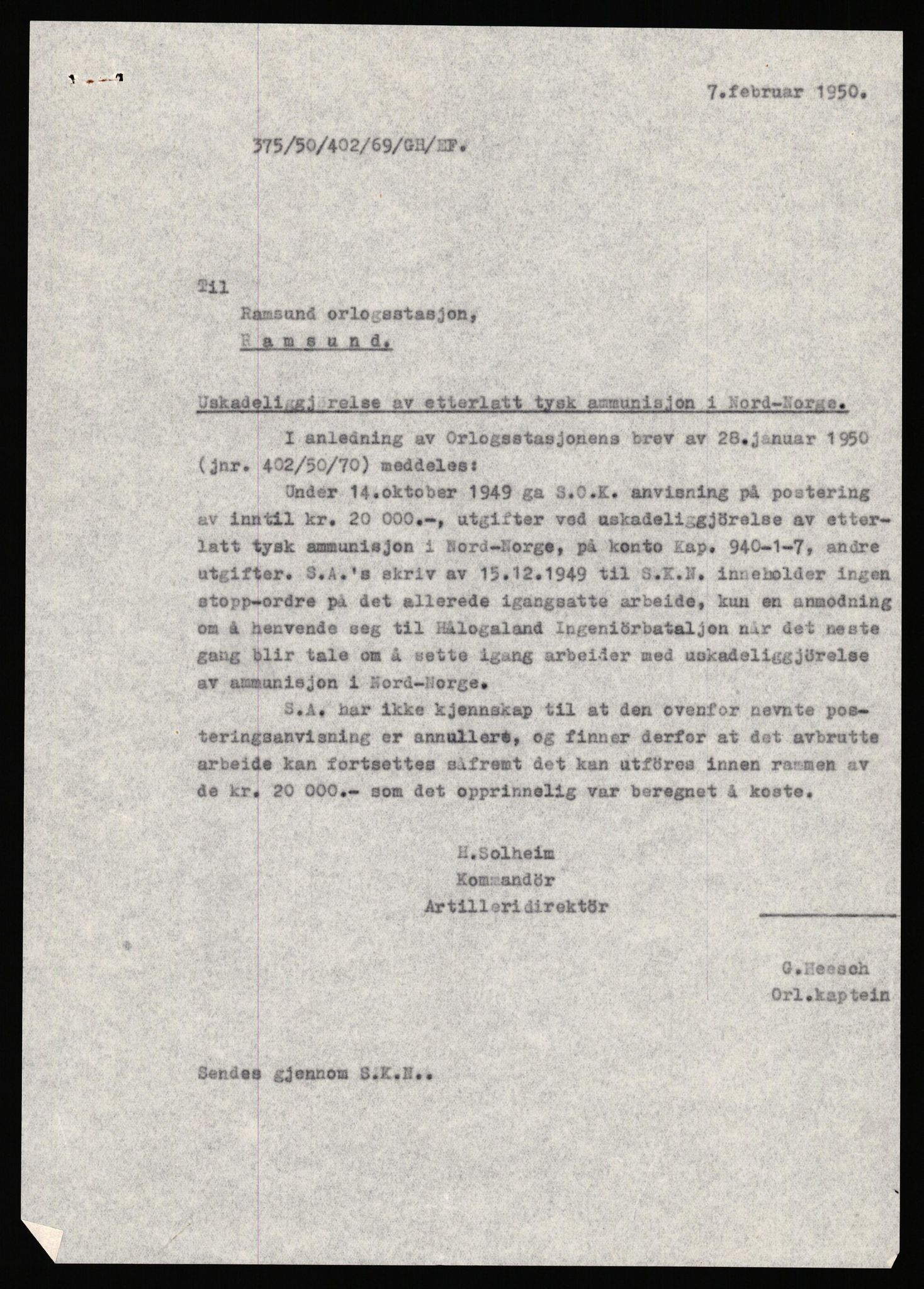 Forsvaret, Marinens artilleri, AV/RA-RAFA-1905/2/F/Fa/L0012/0002: Journalsaker / Tysk ammunisjon, 1945-1952