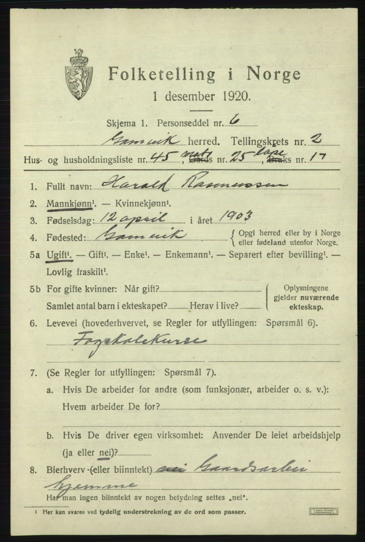 SATØ, Folketelling 1920 for 2023 Gamvik herred, 1920, s. 2038