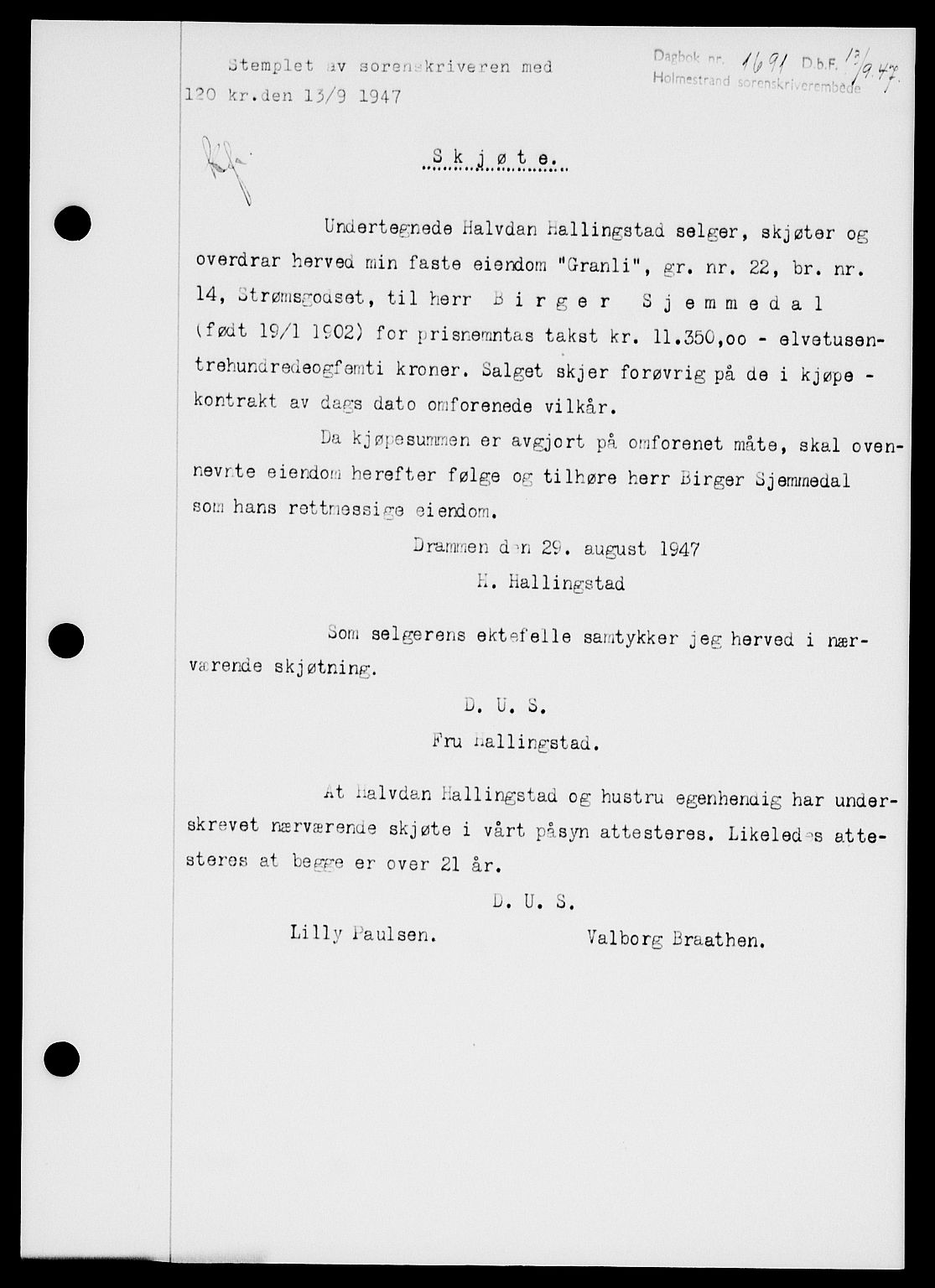 Holmestrand sorenskriveri, SAKO/A-67/G/Ga/Gaa/L0062: Pantebok nr. A-62, 1947-1947, Dagboknr: 1691/1947