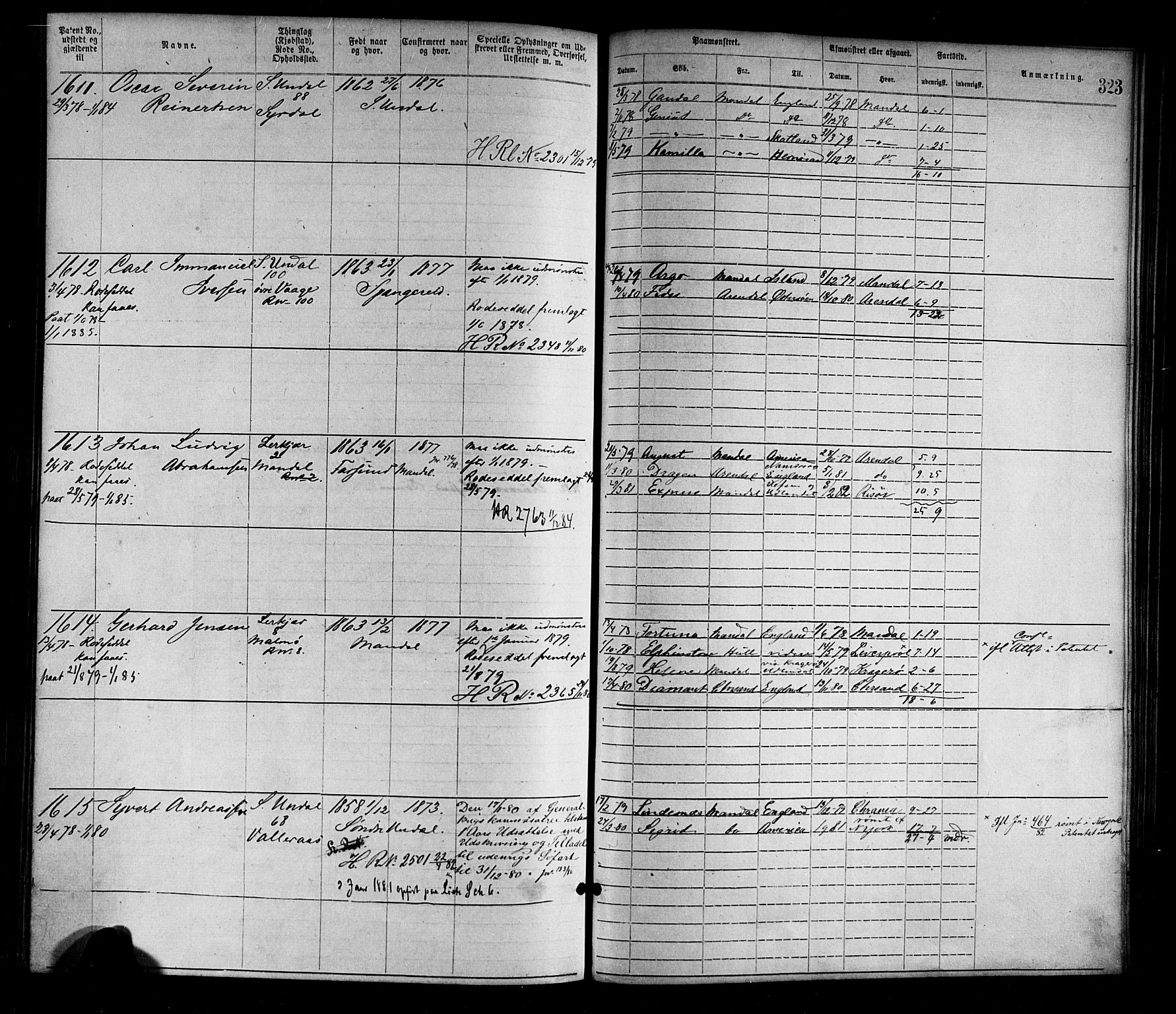 Mandal mønstringskrets, SAK/2031-0016/F/Fa/L0001: Annotasjonsrulle nr 1-1920 med register, L-3, 1869-1881, s. 361