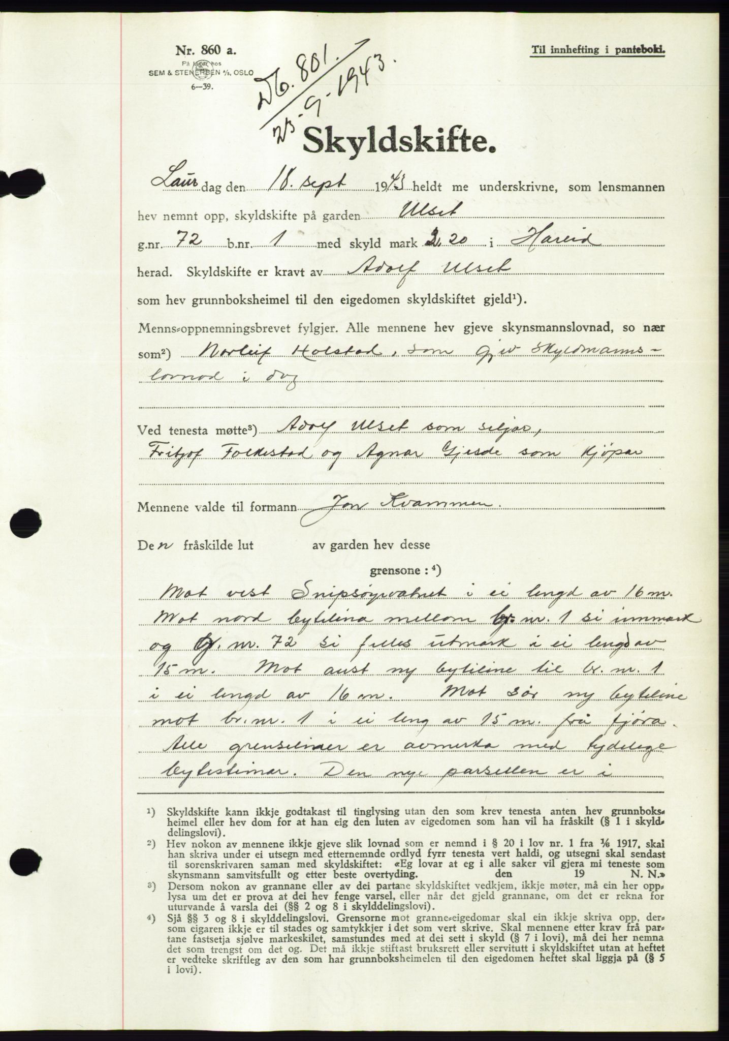 Søre Sunnmøre sorenskriveri, AV/SAT-A-4122/1/2/2C/L0075: Pantebok nr. 1A, 1943-1943, Dagboknr: 801/1943