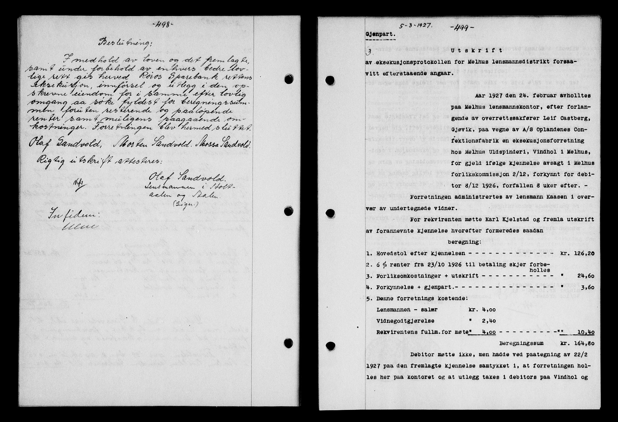 Gauldal sorenskriveri, SAT/A-0014/1/2/2C/L0035: Pantebok nr. 36, 1926-1927, s. 498-499, Tingl.dato: 05.03.1927