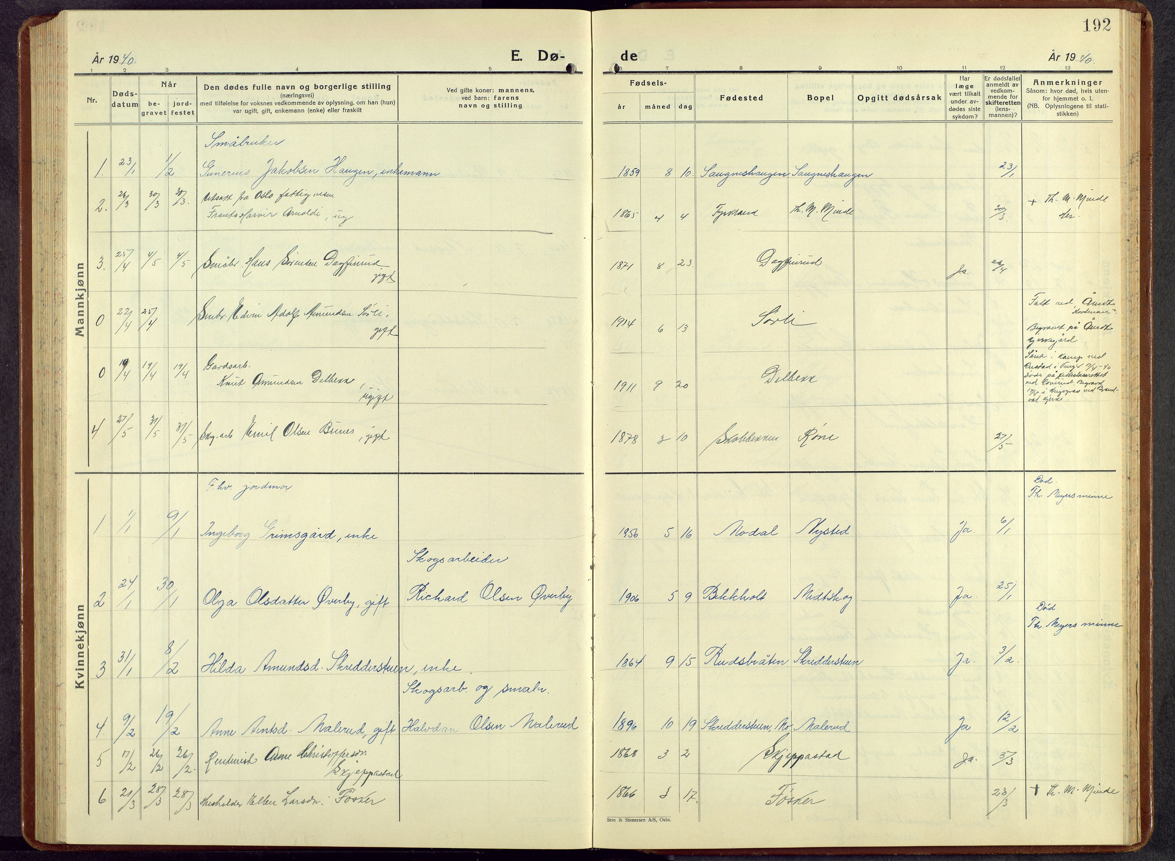 Nord-Odal prestekontor, SAH/PREST-032/H/Ha/Hab/L0007: Klokkerbok nr. 7, 1939-1957, s. 192