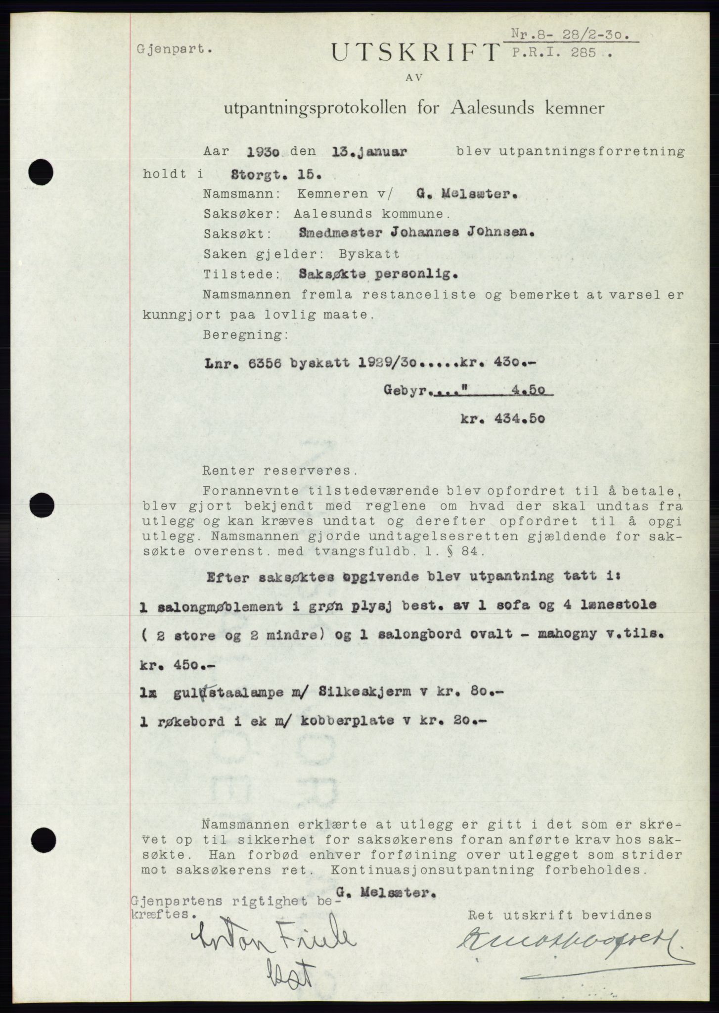 Ålesund byfogd, AV/SAT-A-4384: Pantebok nr. 26, 1930-1930, Tingl.dato: 28.02.1930