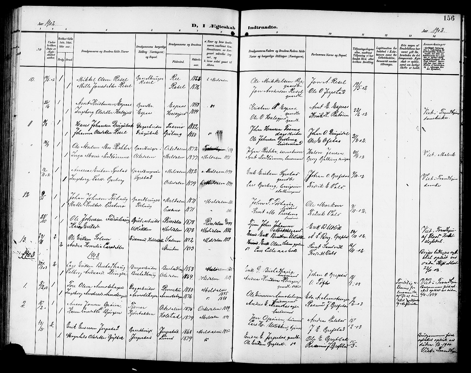 Ministerialprotokoller, klokkerbøker og fødselsregistre - Sør-Trøndelag, SAT/A-1456/672/L0864: Klokkerbok nr. 672C03, 1902-1914, s. 156