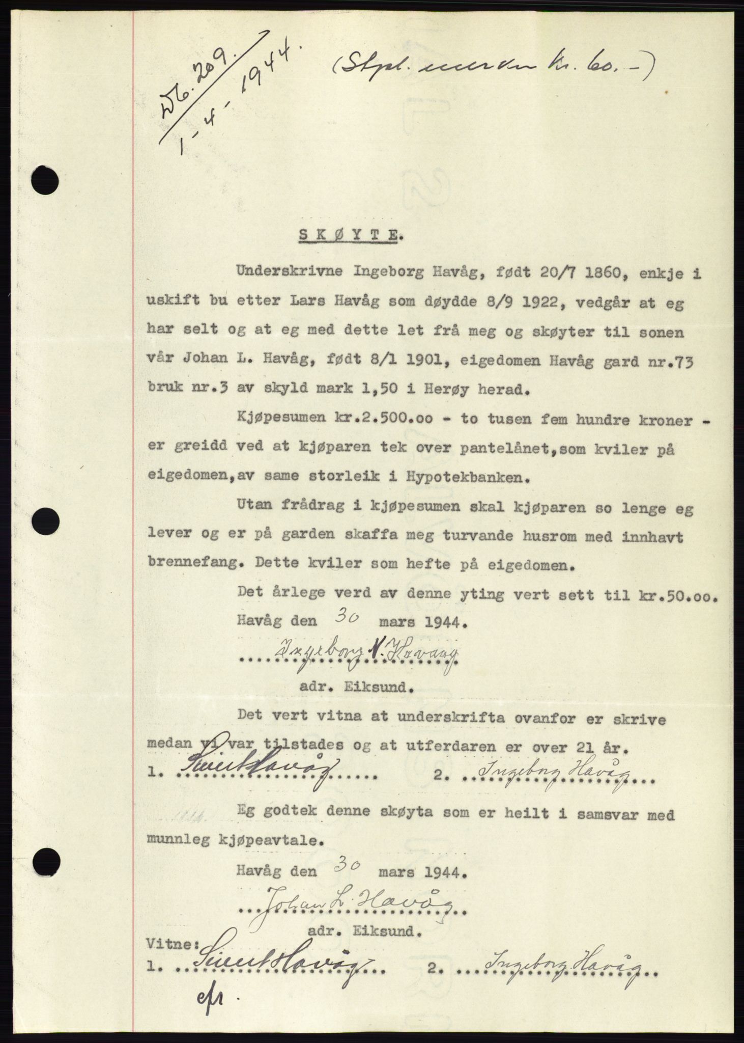 Søre Sunnmøre sorenskriveri, AV/SAT-A-4122/1/2/2C/L0076: Pantebok nr. 2A, 1943-1944, Dagboknr: 209/1944