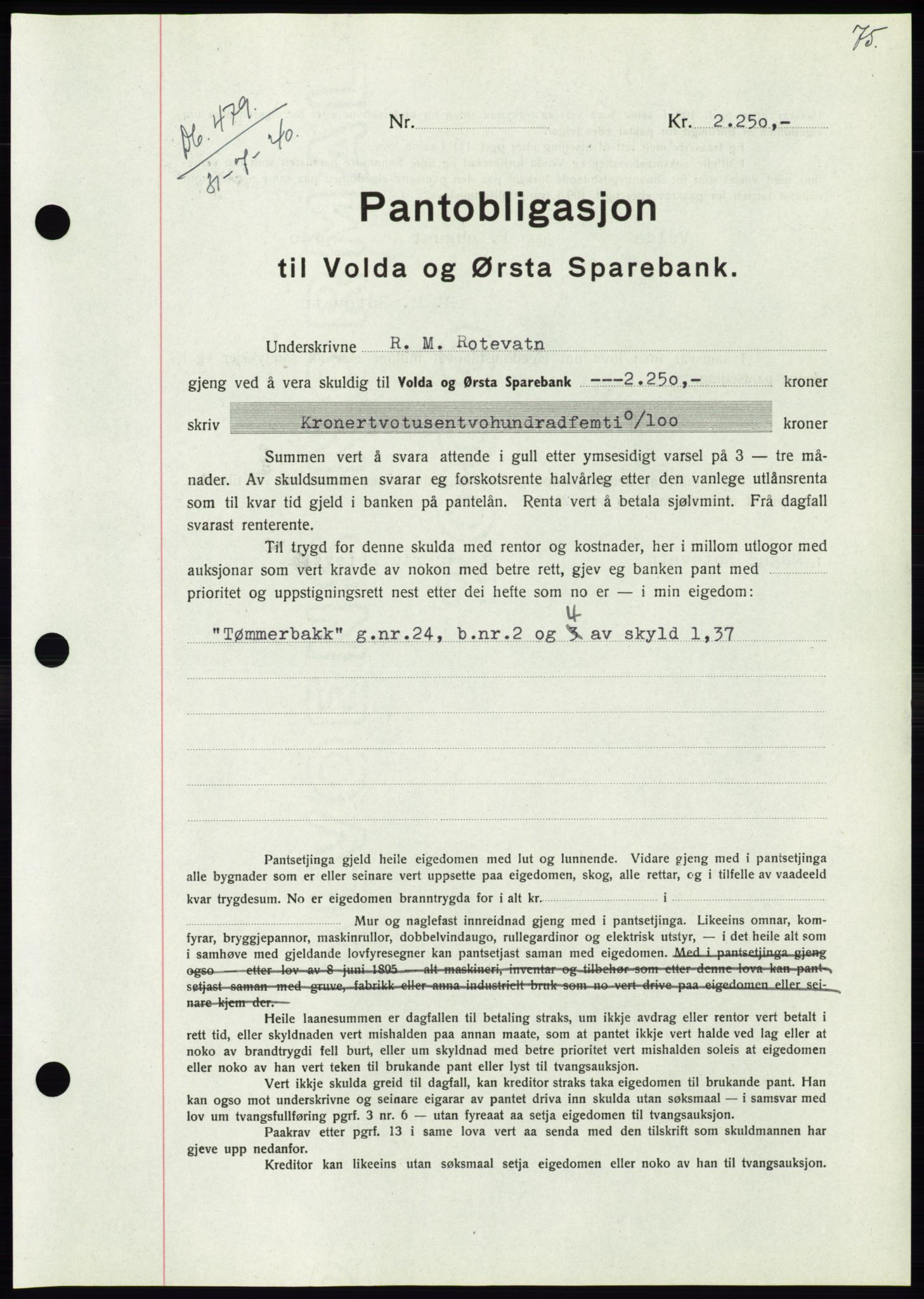 Søre Sunnmøre sorenskriveri, SAT/A-4122/1/2/2C/L0070: Pantebok nr. 64, 1940-1941, Dagboknr: 479/1940