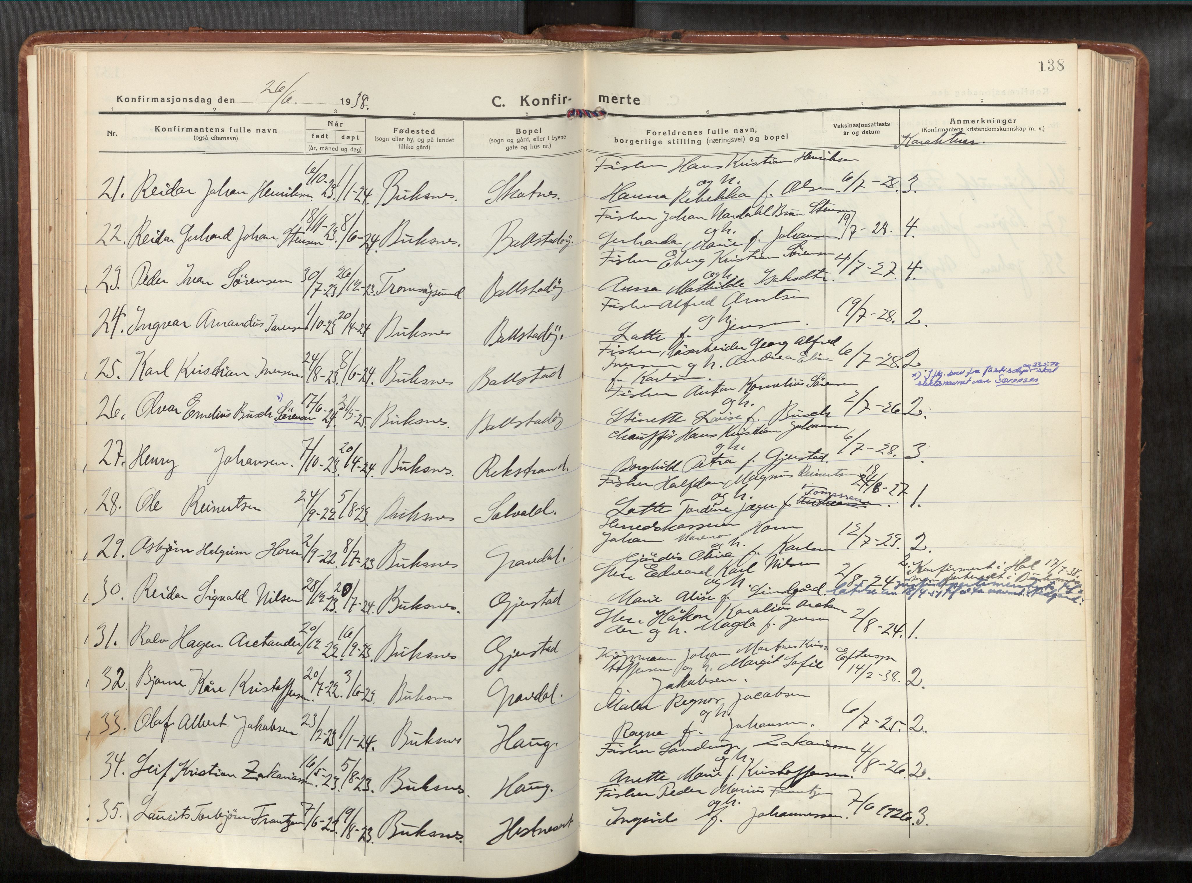 Ministerialprotokoller, klokkerbøker og fødselsregistre - Nordland, AV/SAT-A-1459/881/L1161: Ministerialbok nr. 881A14, 1932-1955, s. 138
