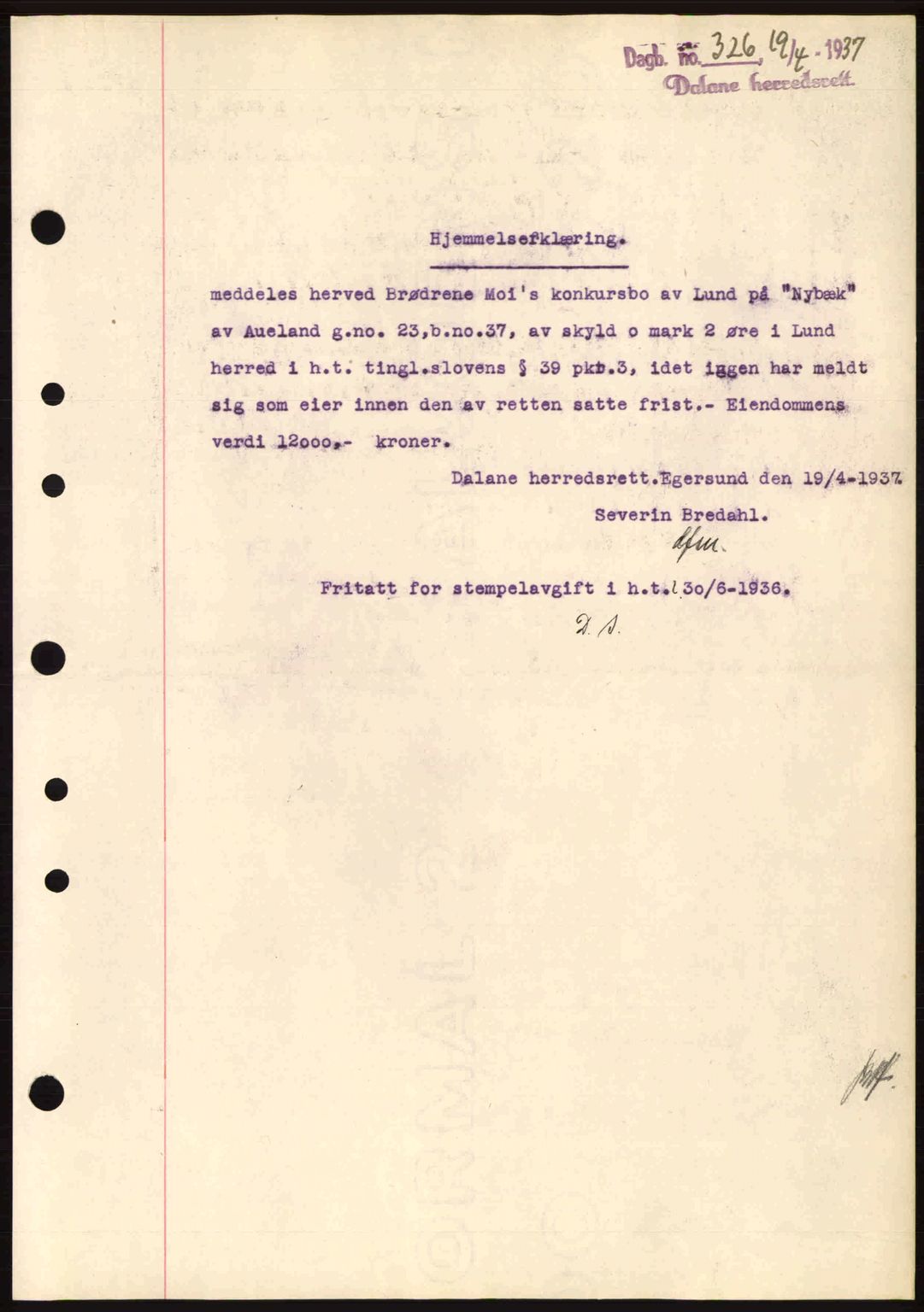 Dalane sorenskriveri, SAST/A-100309/02/G/Gb/L0041: Pantebok nr. A2, 1936-1937, Dagboknr: 326/1937