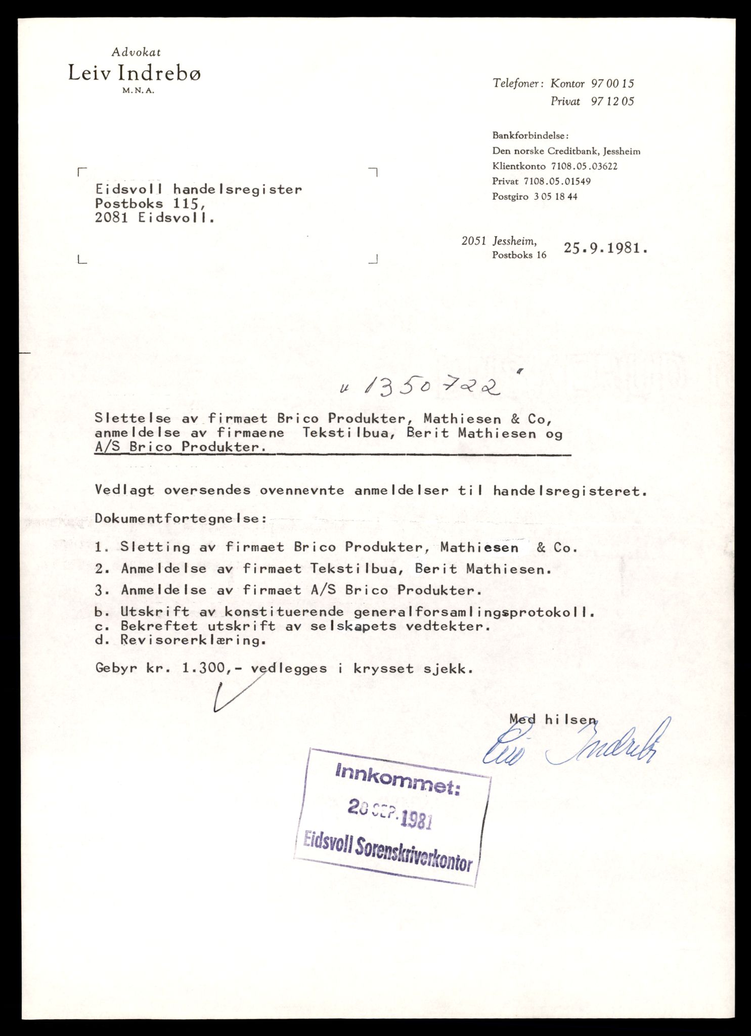 Eidsvoll tingrett, AV/SAT-A-10371/K/Kd/Kda/L0012:  Aksjeselskap, Br-Eidsvoll B , 1944-1990, s. 7