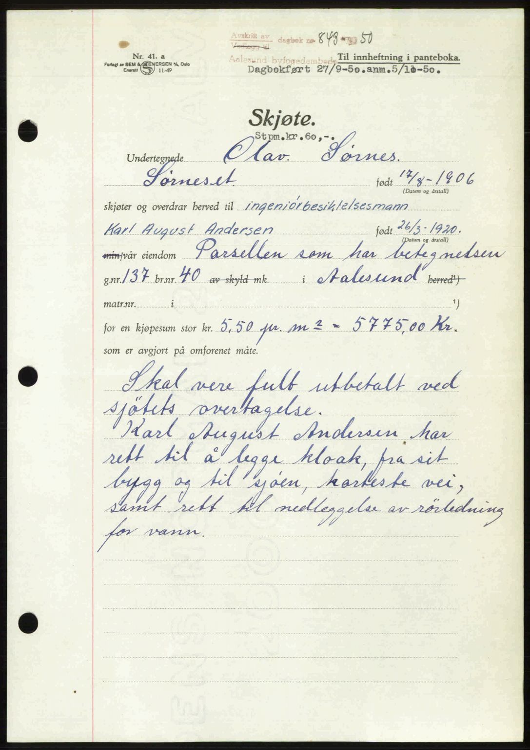 Ålesund byfogd, AV/SAT-A-4384: Pantebok nr. 37A (2), 1949-1950, Dagboknr: 843/1950