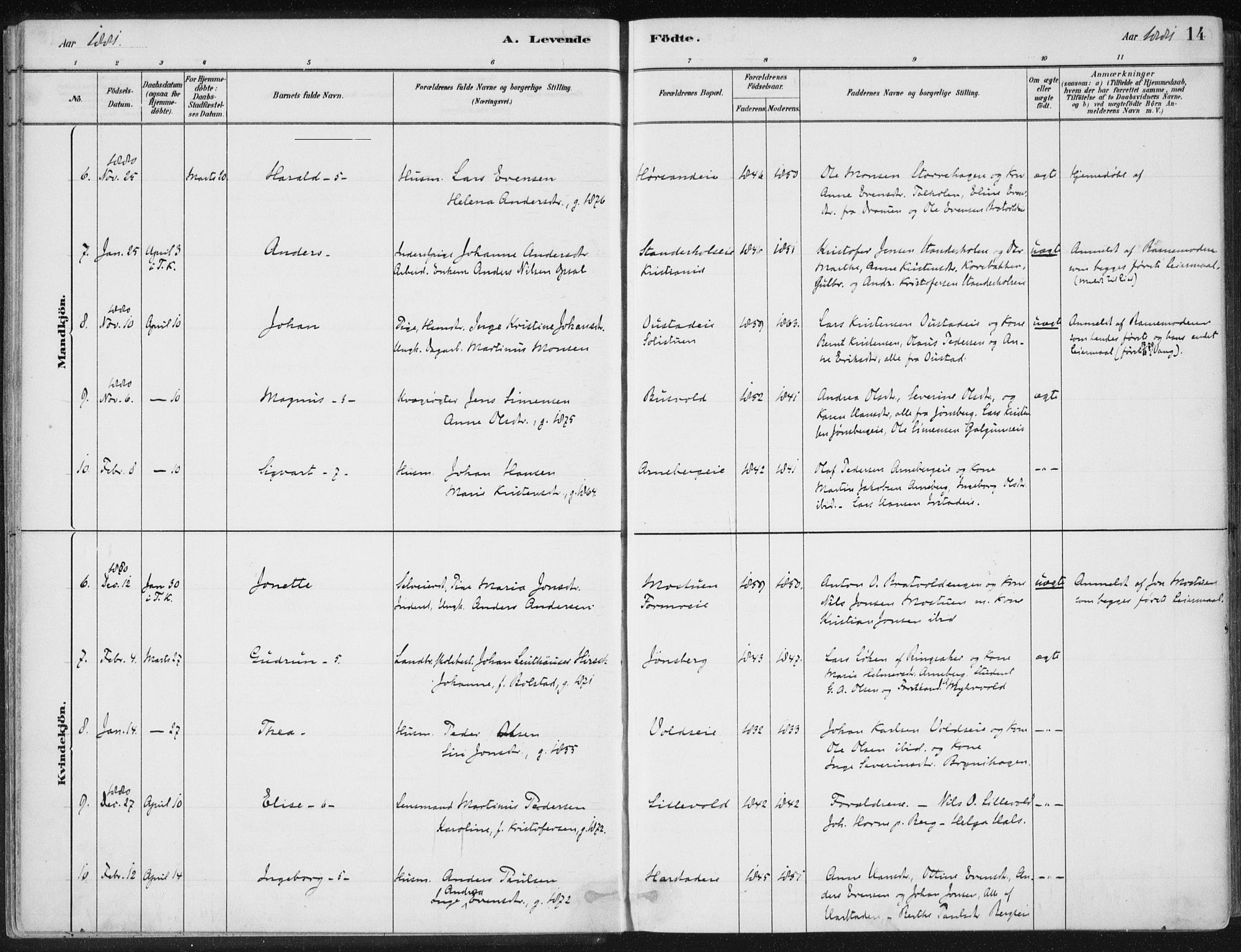 Romedal prestekontor, AV/SAH-PREST-004/K/L0010: Ministerialbok nr. 10, 1880-1895, s. 14