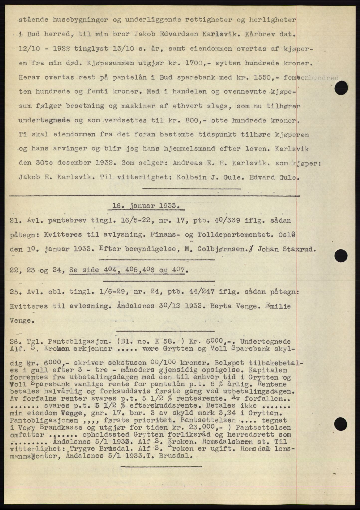 Romsdal sorenskriveri, SAT/A-4149/1/2/2C/L0062: Pantebok nr. 56, 1932-1933, Tingl.dato: 16.01.1933