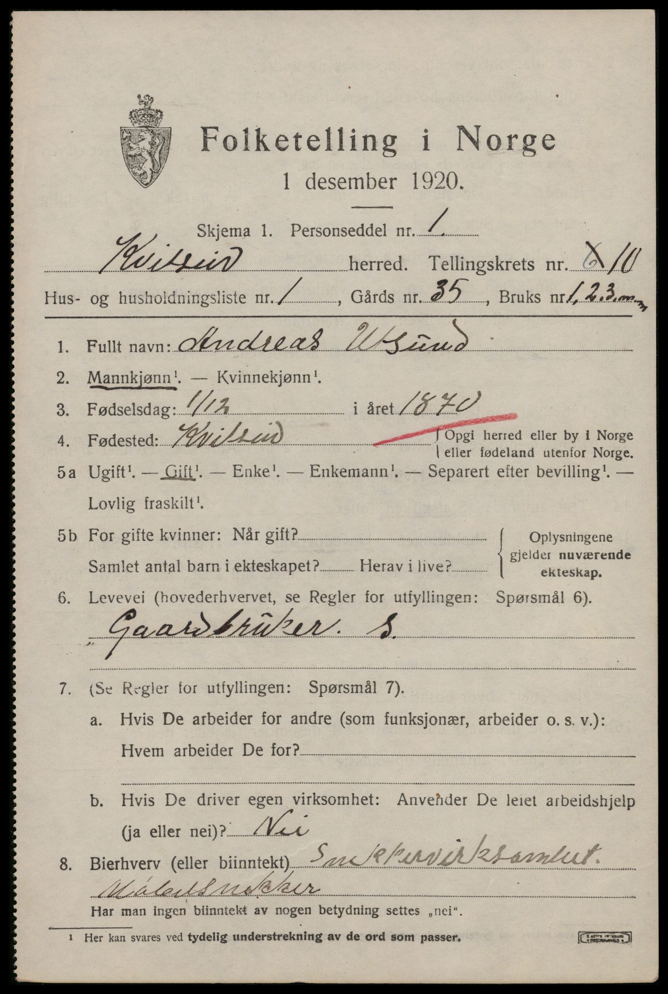 SAKO, Folketelling 1920 for 0829 Kviteseid herred, 1920, s. 4671