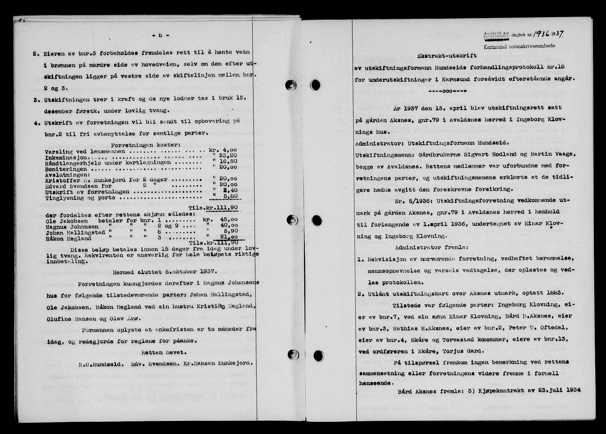 Karmsund sorenskriveri, SAST/A-100311/01/II/IIB/L0068: Pantebok nr. 49A, 1937-1937, Dagboknr: 1936/1937