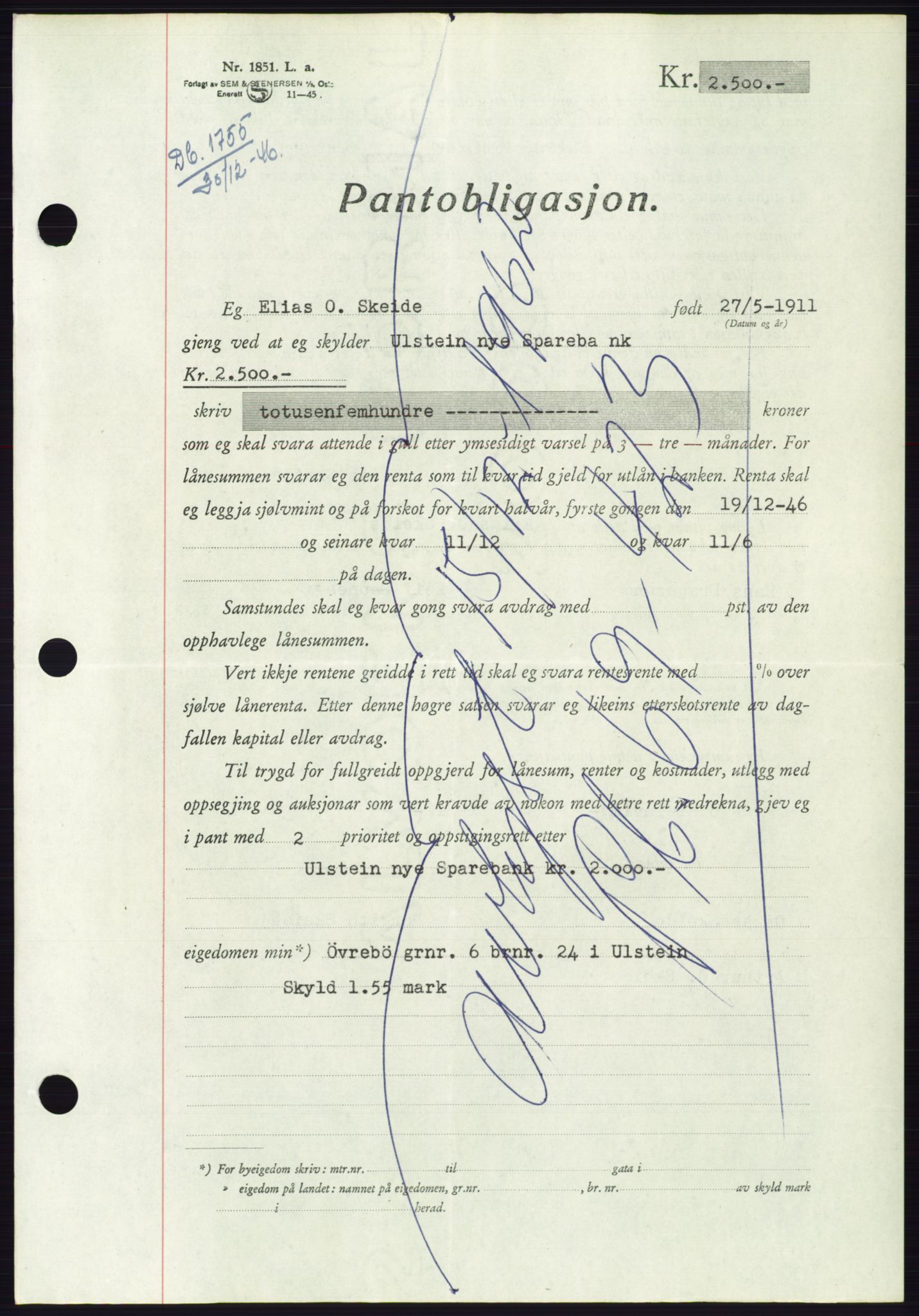 Søre Sunnmøre sorenskriveri, AV/SAT-A-4122/1/2/2C/L0114: Pantebok nr. 1-2B, 1943-1947, Dagboknr: 1755/1946