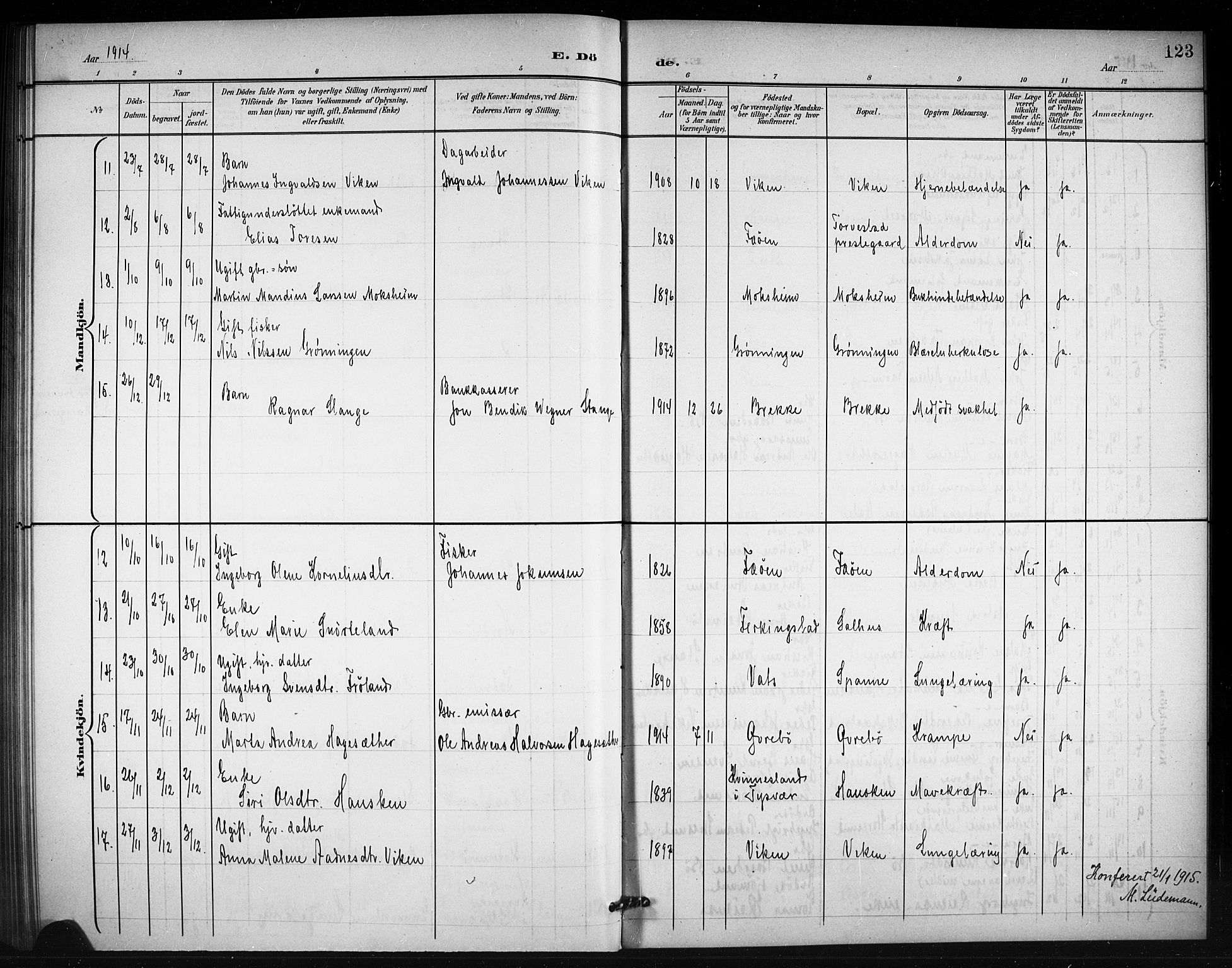 Torvastad sokneprestkontor, SAST/A -101857/H/Ha/Hab/L0008: Klokkerbok nr. B 8, 1901-1924, s. 123