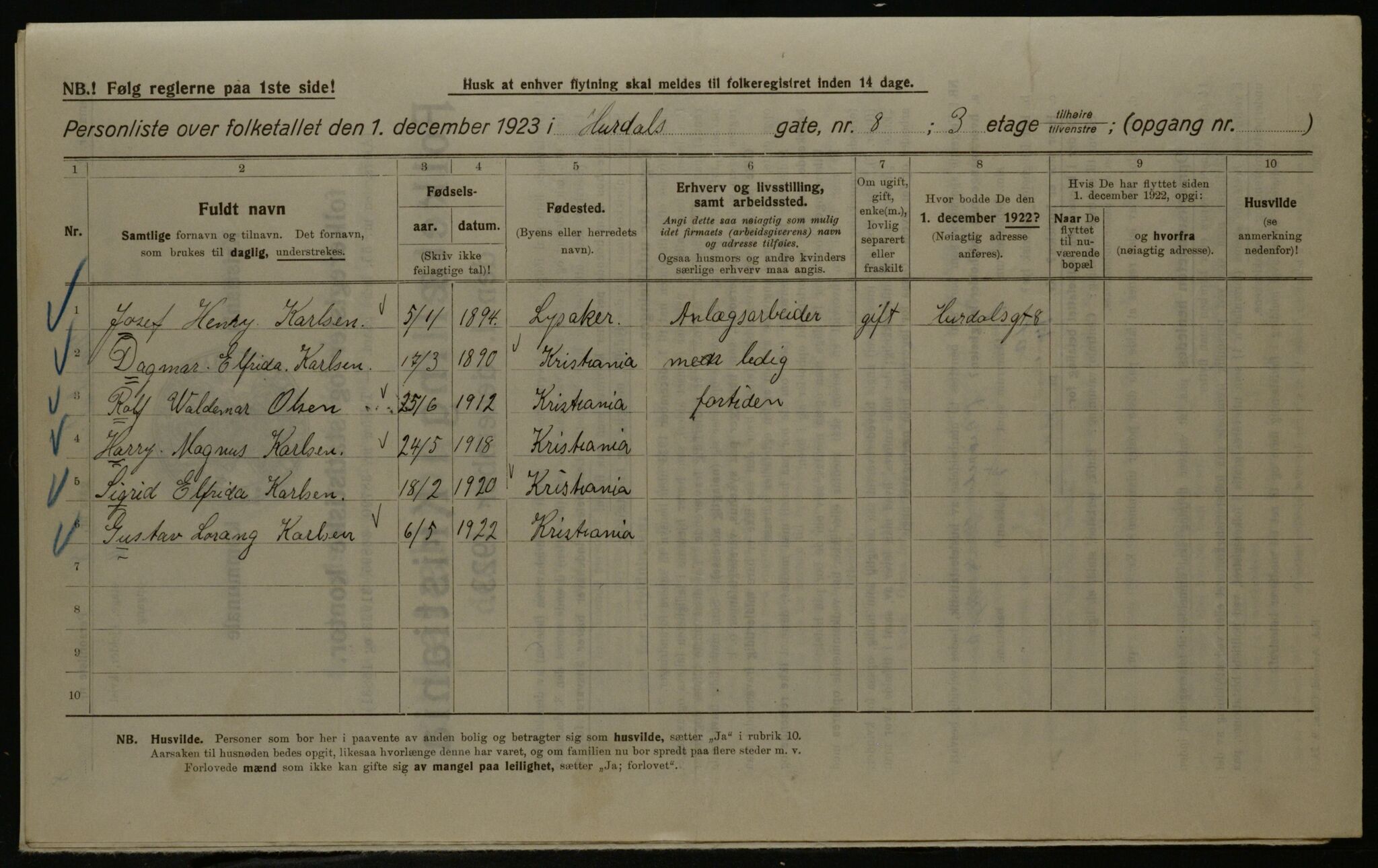 OBA, Kommunal folketelling 1.12.1923 for Kristiania, 1923, s. 47140